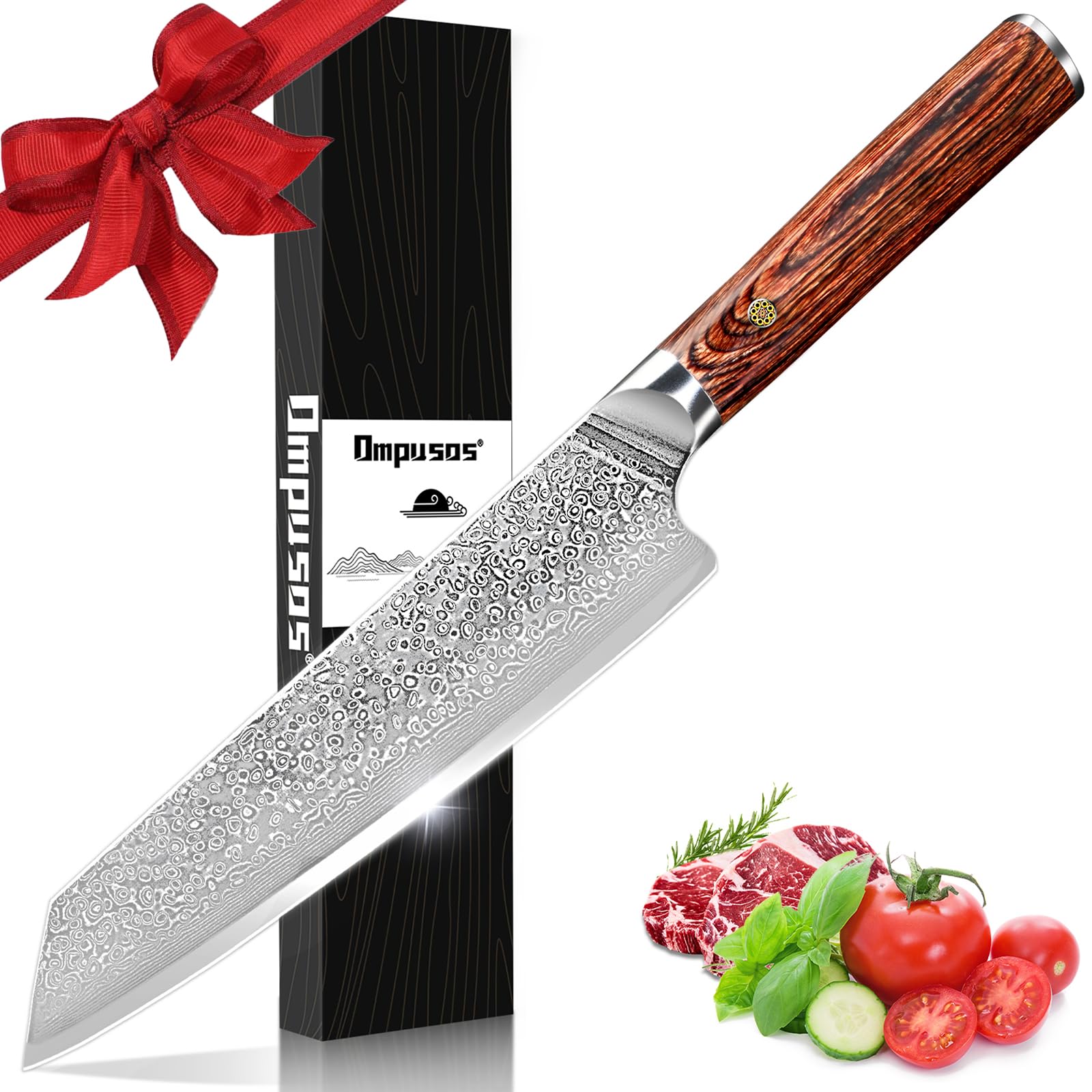 Ompusos 8 Inch Chef Knife - Ultra Sharp Japanese Damascus Kitchen Knife with VG-10 High Carbon Stainless Steel Blade & Ergonomic Wooden Handle - Perfect for Home Cooking, Professional Chefs, and Restaurant Use - Comes in Elegant Gift Box
