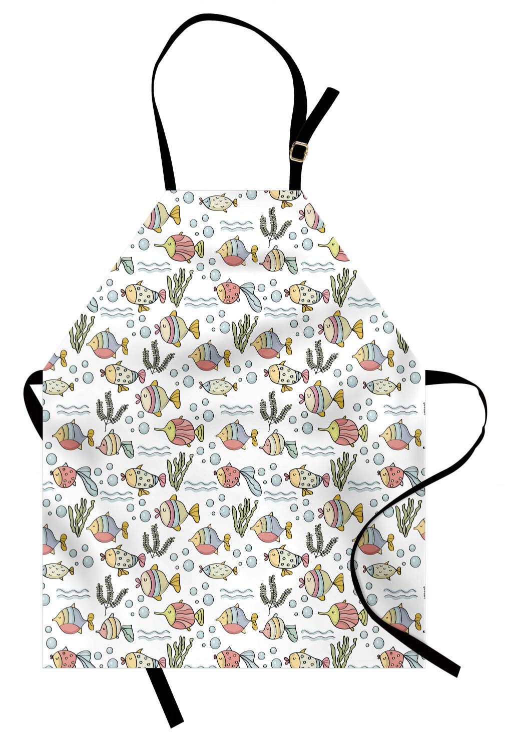 Ambesonne Aquarium Apron - Pastel Colorful Fish & Bubble Design, Adjustable Neck Unisex Kitchen Bib for Cooking, Baking, BBQ & Gardening - Adult Size White & Multicolor - Perfect for Home Chefs & Outdoor Enthusiasts