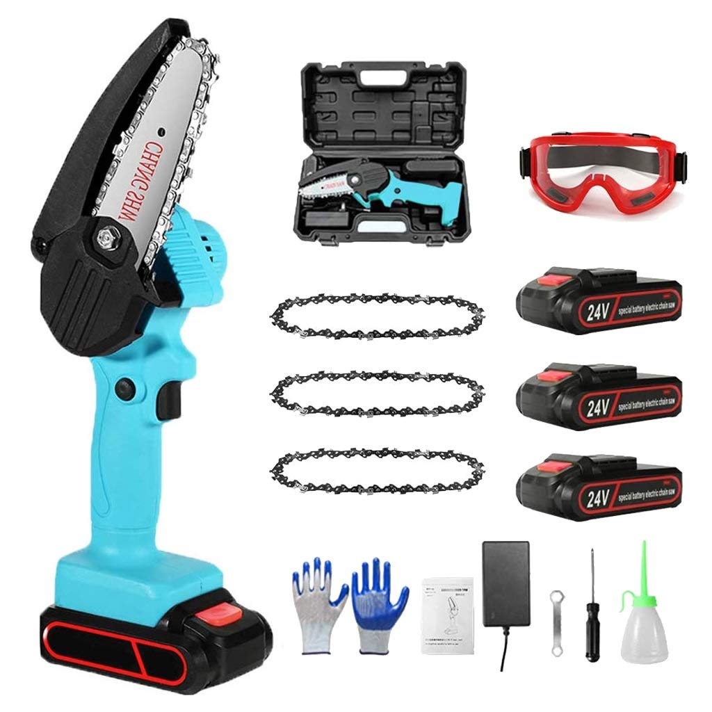 Mini Chainsaw Electric Cordless Battery Chainsaws with 3Pcs Batteries & 3 Chains - Portable Rechargeable Pruning Saw, Lightweight with Anti-Splash Board - Perfect for Garden Tree Trimming, Wood Cutting & DIY Projects (Blue)