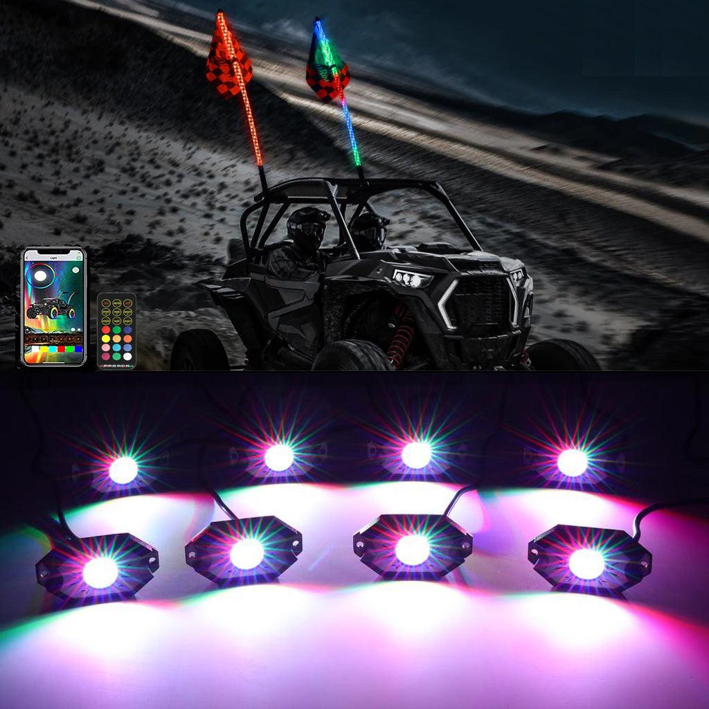 2Pcs 3FT RGB LED Whip Lights with Turn Signal & Brake Light + RGB LED Rock Lights Set - Bluetooth Controlled, Waterproof Off-Road Lighting for Jeep, Truck, ATV, UTV, Motorcycle - Perfect for Night Riding, Car Shows & Off-Road Adventures