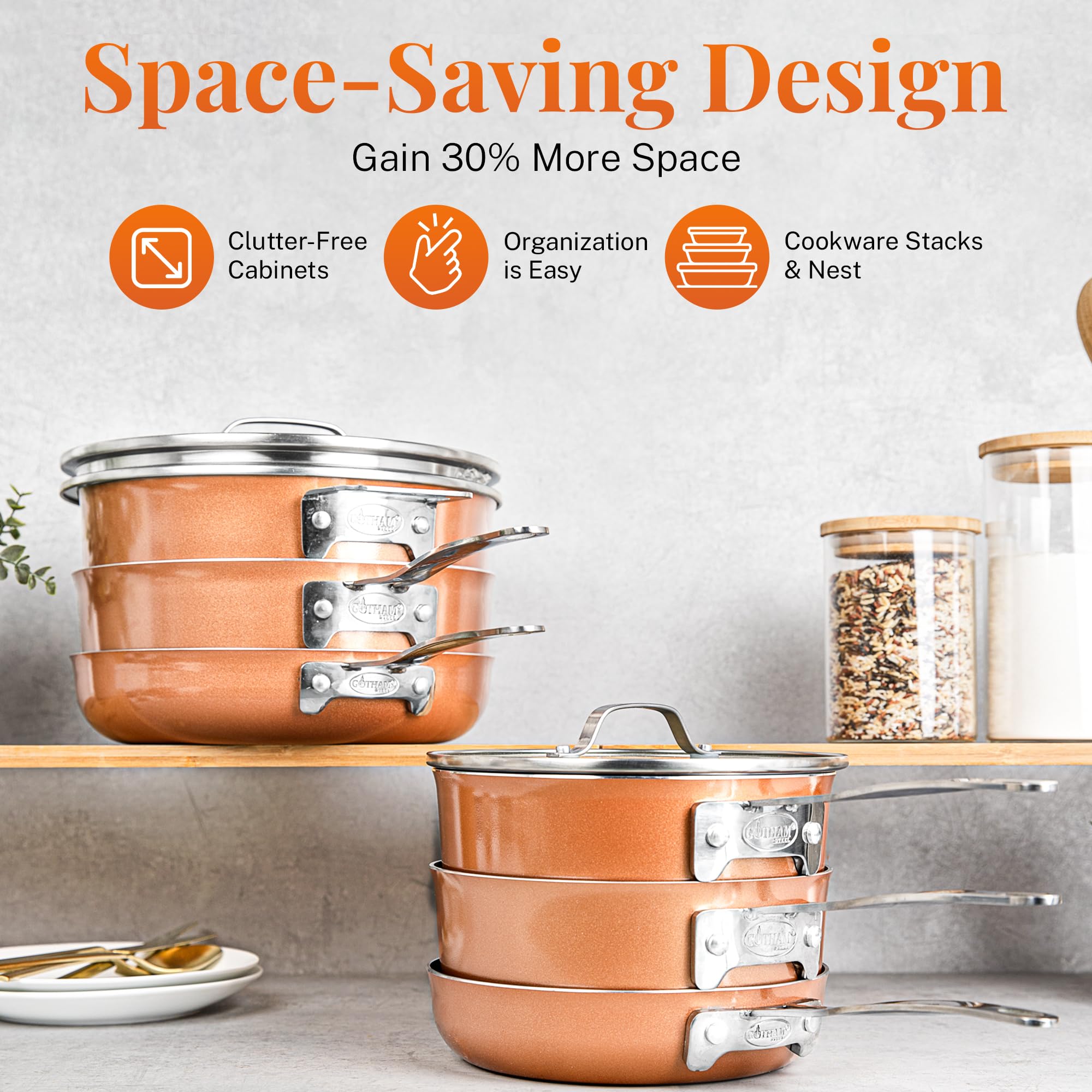 GOTHAM STEEL 10-Piece Copper Nonstick Cookware Set - Non-Toxic, Oven & Dishwasher Safe Pots and Pans with Frying Pan - Space Saving Kitchen Cookware for Baking, Frying & Everyday Cooking