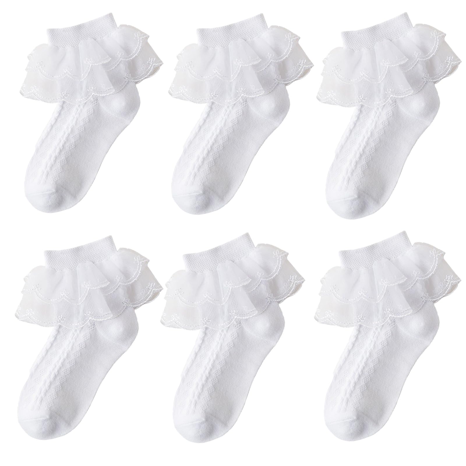 Jupsk Girls Frilly Ankle Socks - 6 Pairs White Ballet Ruffle Lace Cotton Socks for Kids Ages 1-9 Years | Perfect for School, Dance Class & Everyday Wear