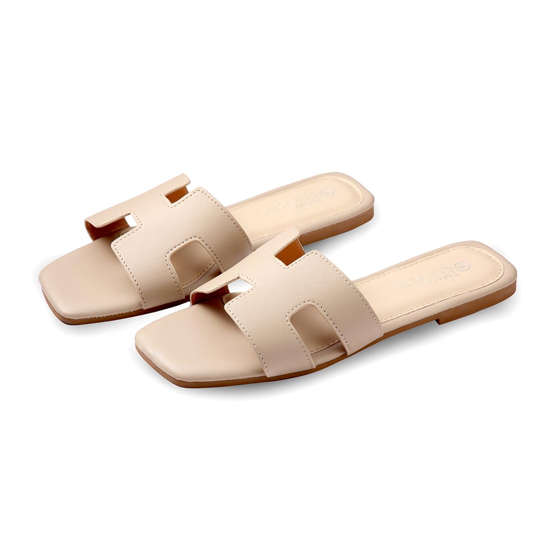 Women's Leather Slide Sandals 2024 - Slip On Comfortable Flat Sandals for Summer | Dressy & Casual Wear for Beach, Travel, and Everyday Outfits