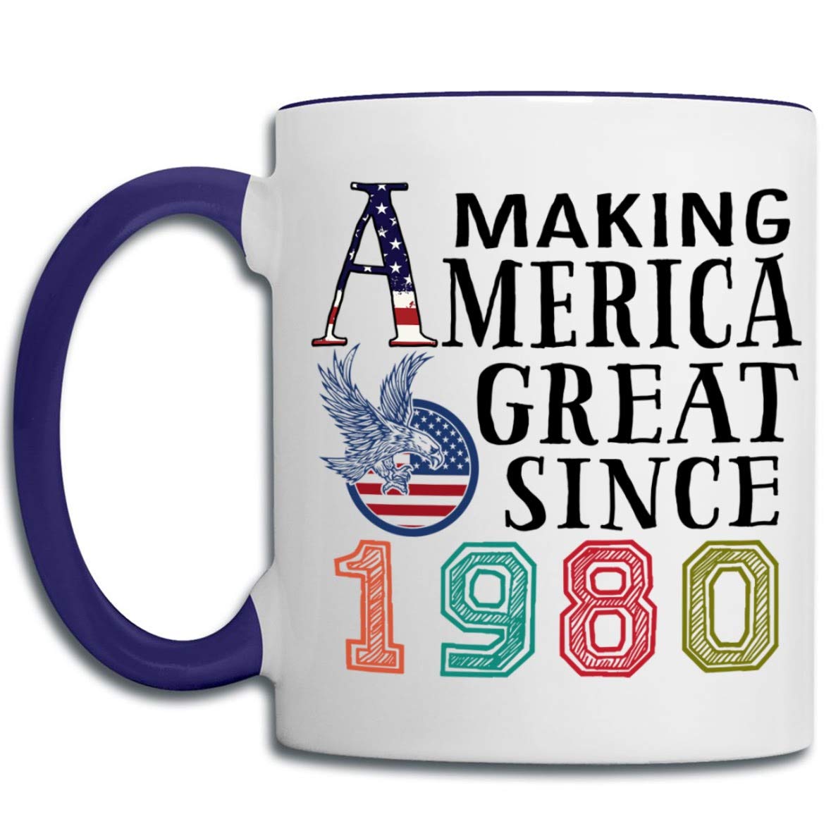 Vintage 1980 America Themed Coffee Mug - 11oz Cobalt Blue Ceramic Cup with Handle | Perfect Christmas Gift for Nurses, Coworkers, Mom, Dad, Wife or Husband | Great for Office Use, Birthday Celebrations & Holiday Gift Giving