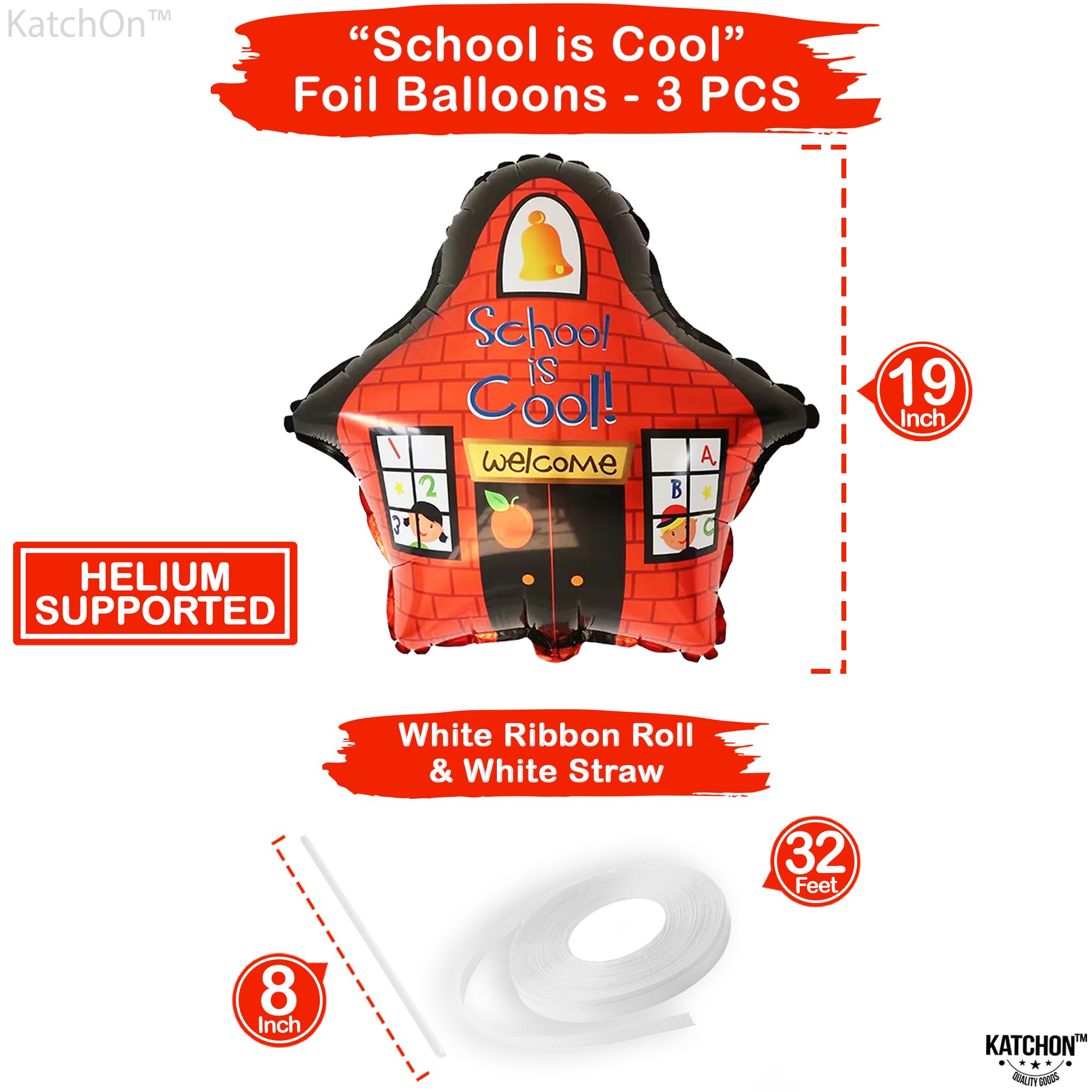 KatchOn Back to School Balloons - Pack of 3 Large Mylar Balloons for Classroom Decor, Kindergarten Welcome Party & School Celebration | Perfect for First Day of School, Teacher Appreciation & Classroom Door Decorations