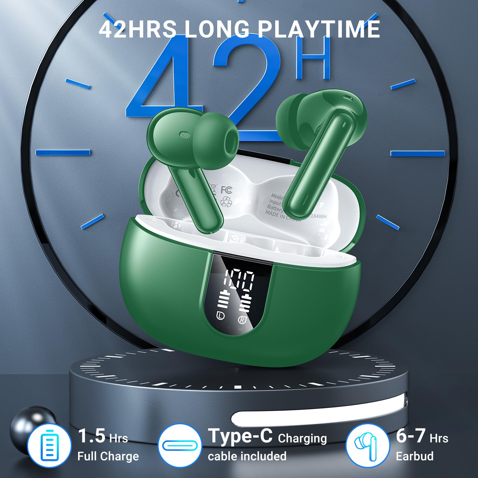 2024 Wireless Earbuds Bluetooth 5.3 with ENC Noise Cancellation, HiFi Stereo Sound, 42H Playtime, LED Power Display - Sport Earphones for Running, Gym & Workout - Compatible with iPhone Android iOS Devices (Green)