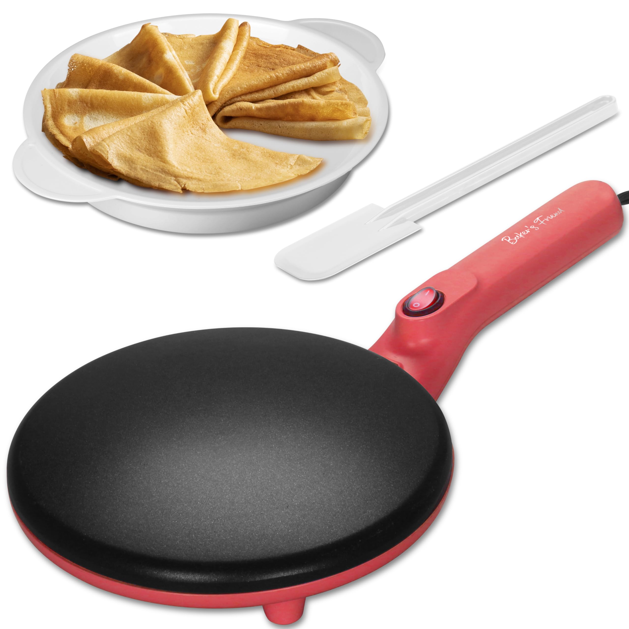Electric Crepe Maker Machine - 8 Inch Non-Stick Cooking Surface with Handle, Raspberry Red | Perfect for Breakfast, Desserts & French Cuisine | Baker's Friend Instant Crepe Maker for Home & Commercial Use