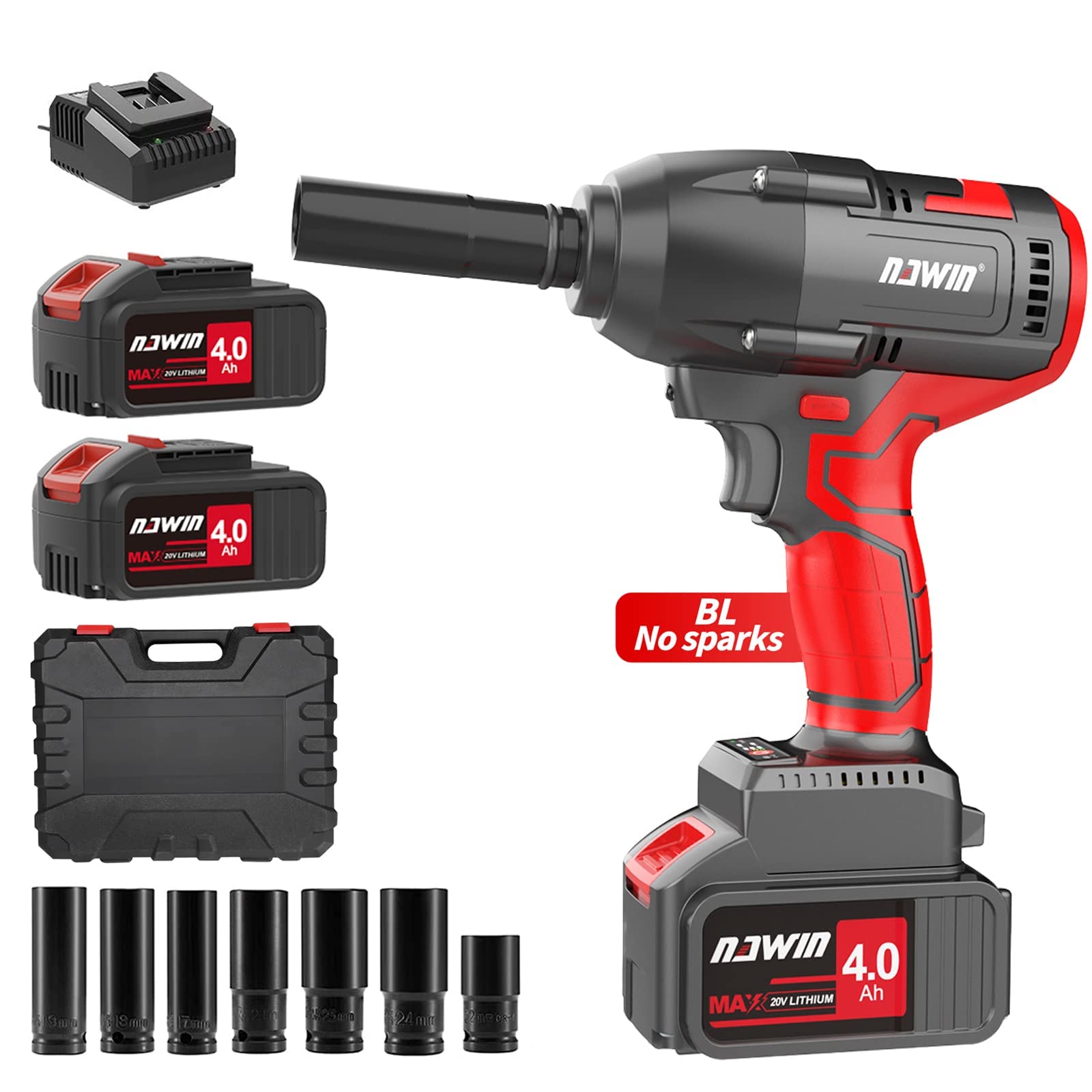 1/2 Inch Impact Wrench with 443 Ft-lbs Torque - 2x4.0Ah Li-ion Battery & Fast Charger Included - 4Pcs Drive Impact Sockets - Perfect for Automotive Repair, Tire Changes, and Heavy-Duty Mechanical Work