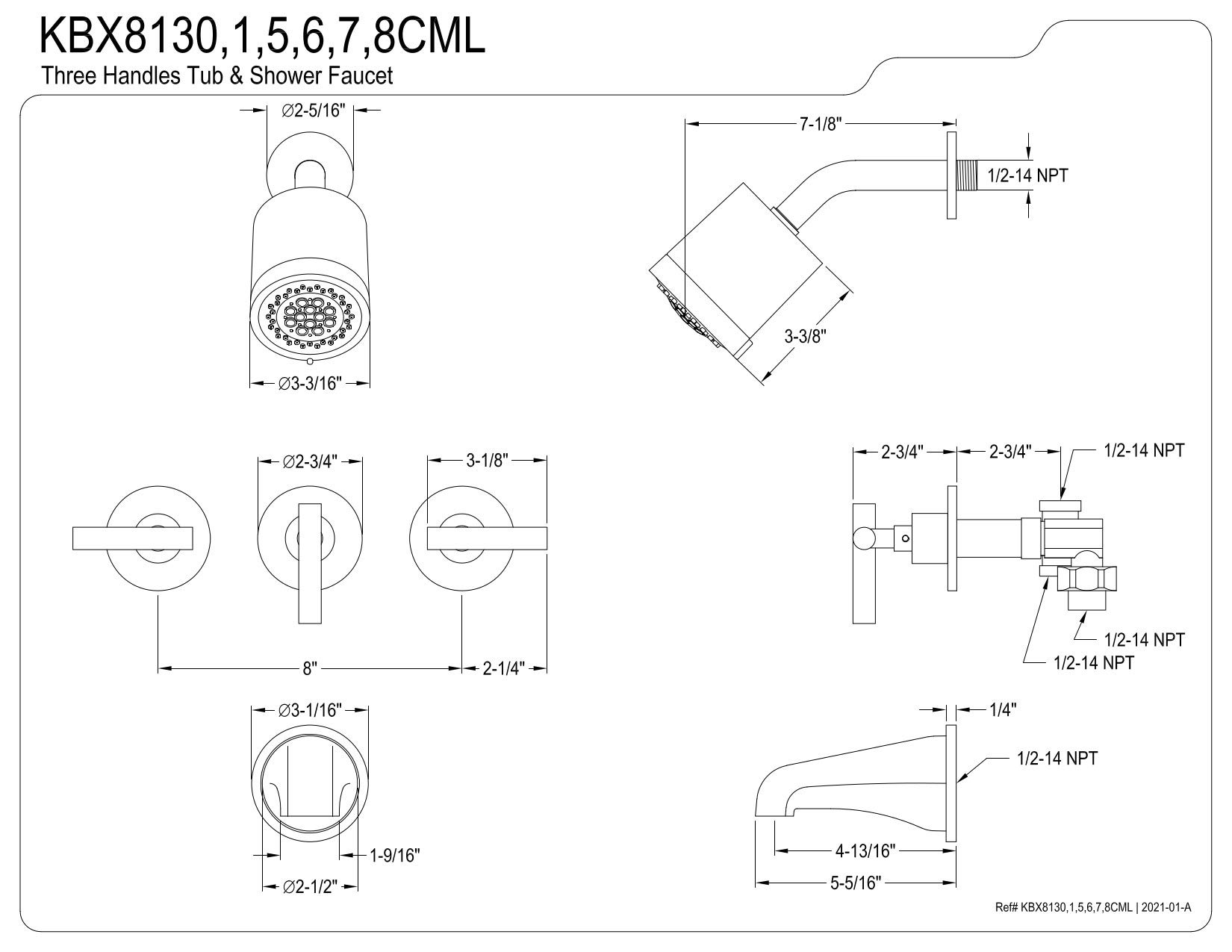 Kingston Brass KBX8138CML Manhattan 8-Inch Widespread Bathroom Tub and Shower Faucet in Brushed Nickel - 7.13