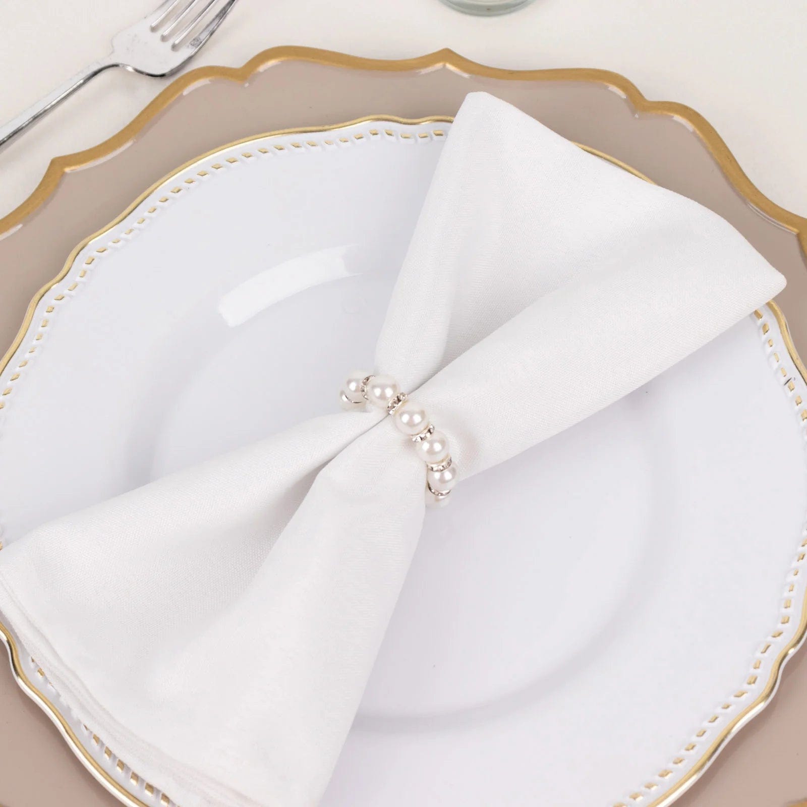 4 Pack Faux Pearl & Rhinestone Napkin Rings - Elegant White & Silver Wedding Table Decor for Bridal Shower, Dinner Party, and Holiday Celebrations