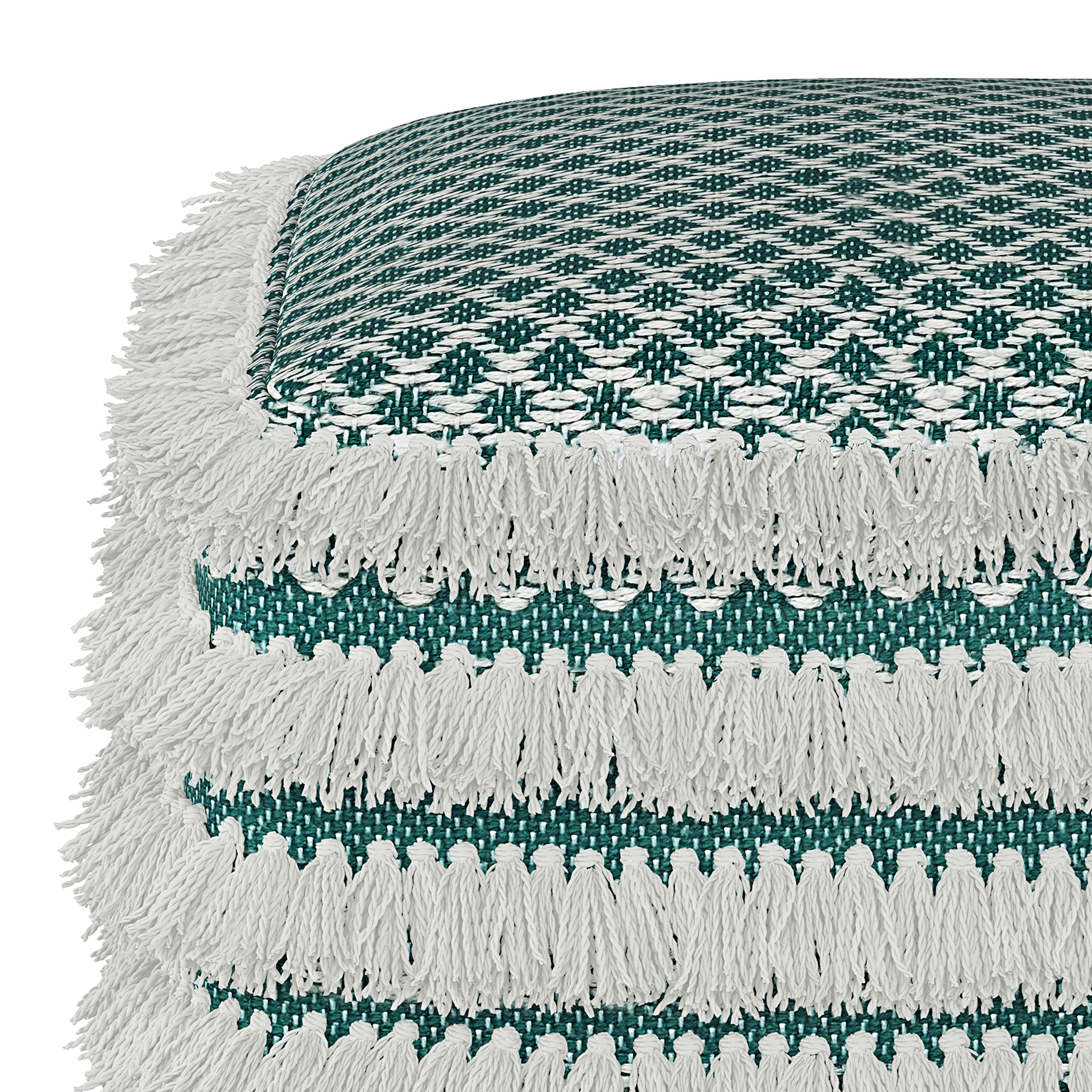 SIMPLIHOME Leah 18 Inch Boho Square Woven Pouf Ottoman - Indoor Outdoor Floor Cushion Seat in Turquoise & White, Eco-Friendly Recycled PET Polyester - Perfect for Living Room, Bedroom, Nursery & Patio Decor