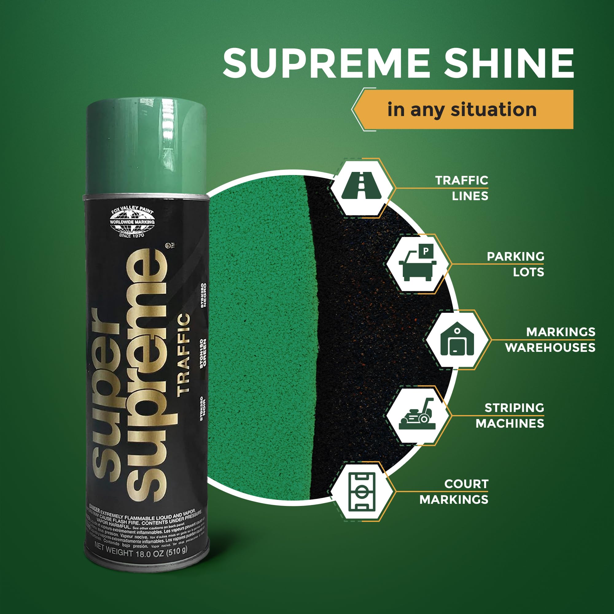 Fox Valley Super Supreme Traffic Spray Paint - 18 oz (Pack of 12), Green - High-Performance Road Marking Paint for Parking Lots, Sidewalks, Warehouses & Factory Floors - Easy to Use, Durable & Weather-Resistant - Perfect for DIY Projects, Construction Sites & Industrial Applications