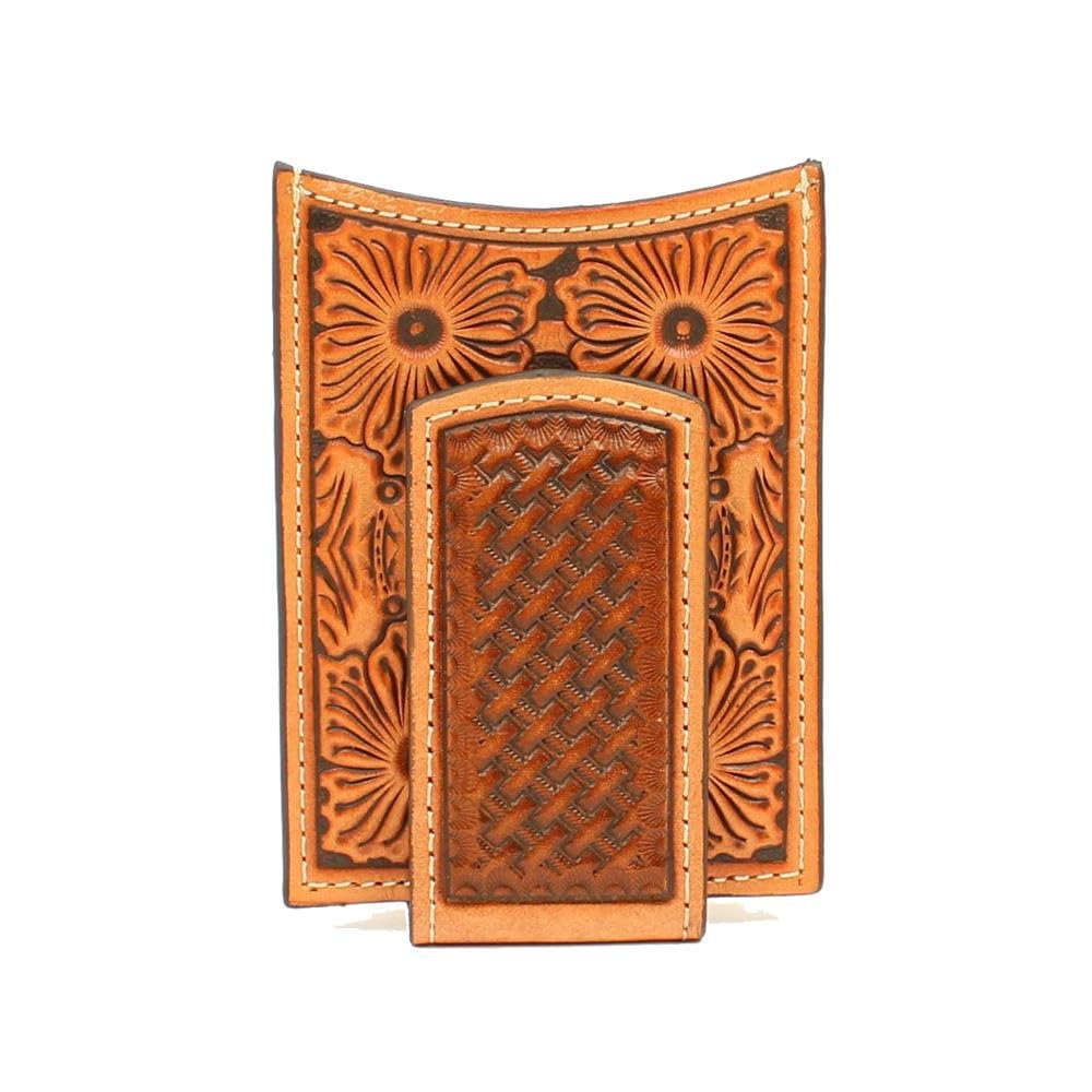 ARIAT Unisex Magnetic Money Clip Wallet - Floral & Basket Stamp Design, Tan | Slim RFID Blocking Wallet for Men & Women | Perfect for Travel, Business & Everyday Use