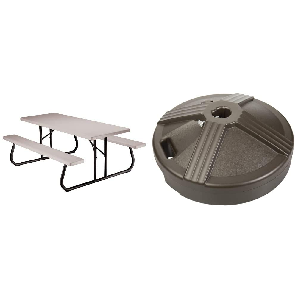 Lifetime 22119 6-Foot Folding Picnic Table with Putty Finish & Weighted Umbrella Base | Outdoor Dining, Camping, Backyard BBQ, Patio Furniture