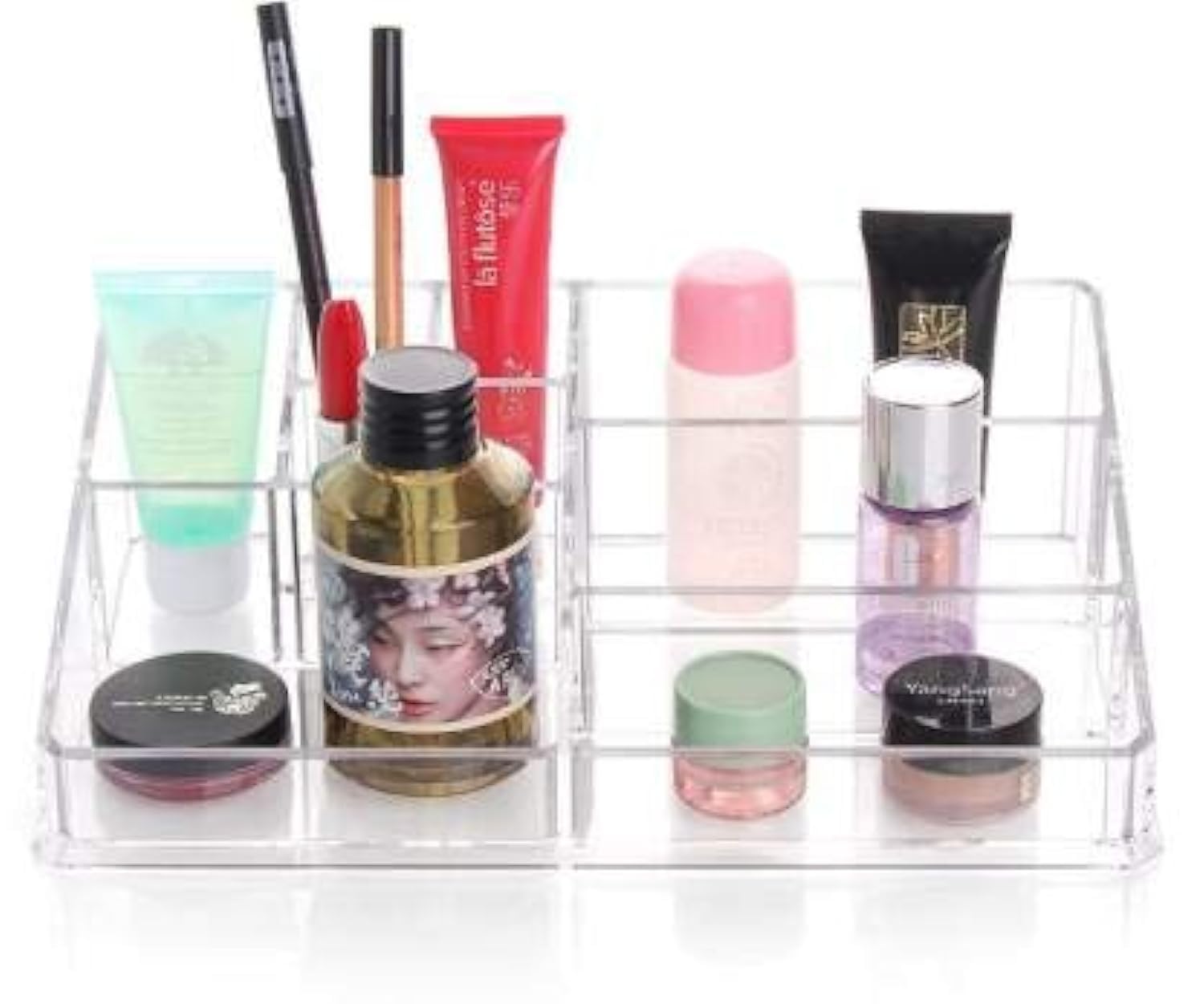 Magnusdeal Clear Acrylic 9-Section Cosmetic & Jewelry Organizer Box - Perfect for Makeup Vanity, Bathroom Counter, and Travel Storage (Transparent)