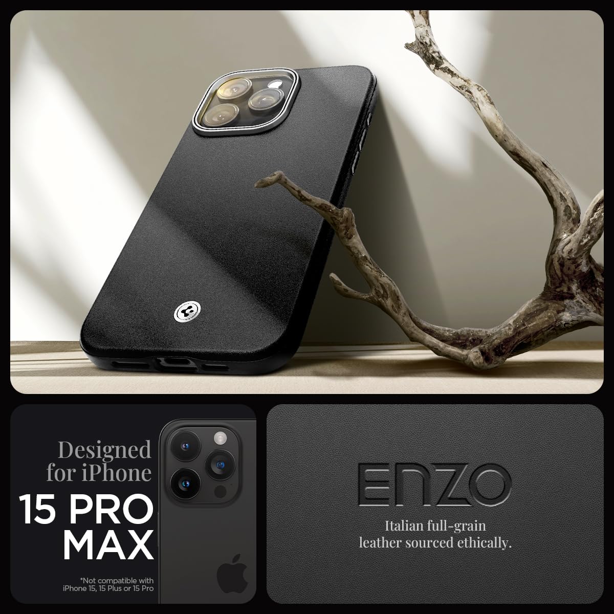 Premium Leather Spigen Enzo Case for iPhone 15 Pro Max - Magsafe Compatible, Slim Protective Cover (Black) | Perfect for Business Professionals & Daily Commuters
