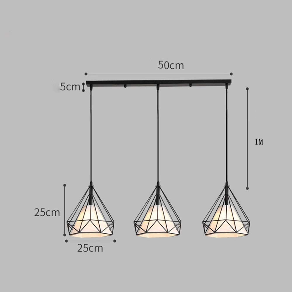 3-Light Wrought Iron Pendant Light Fixture with Wire Cage Lampshade - E27 Base Diamond Style Suspension Lamp - Nordic Minimalist Hanging Light for Dining Room, Kitchen Island, Balcony, Bar, Cafe & Bedroom (Black)