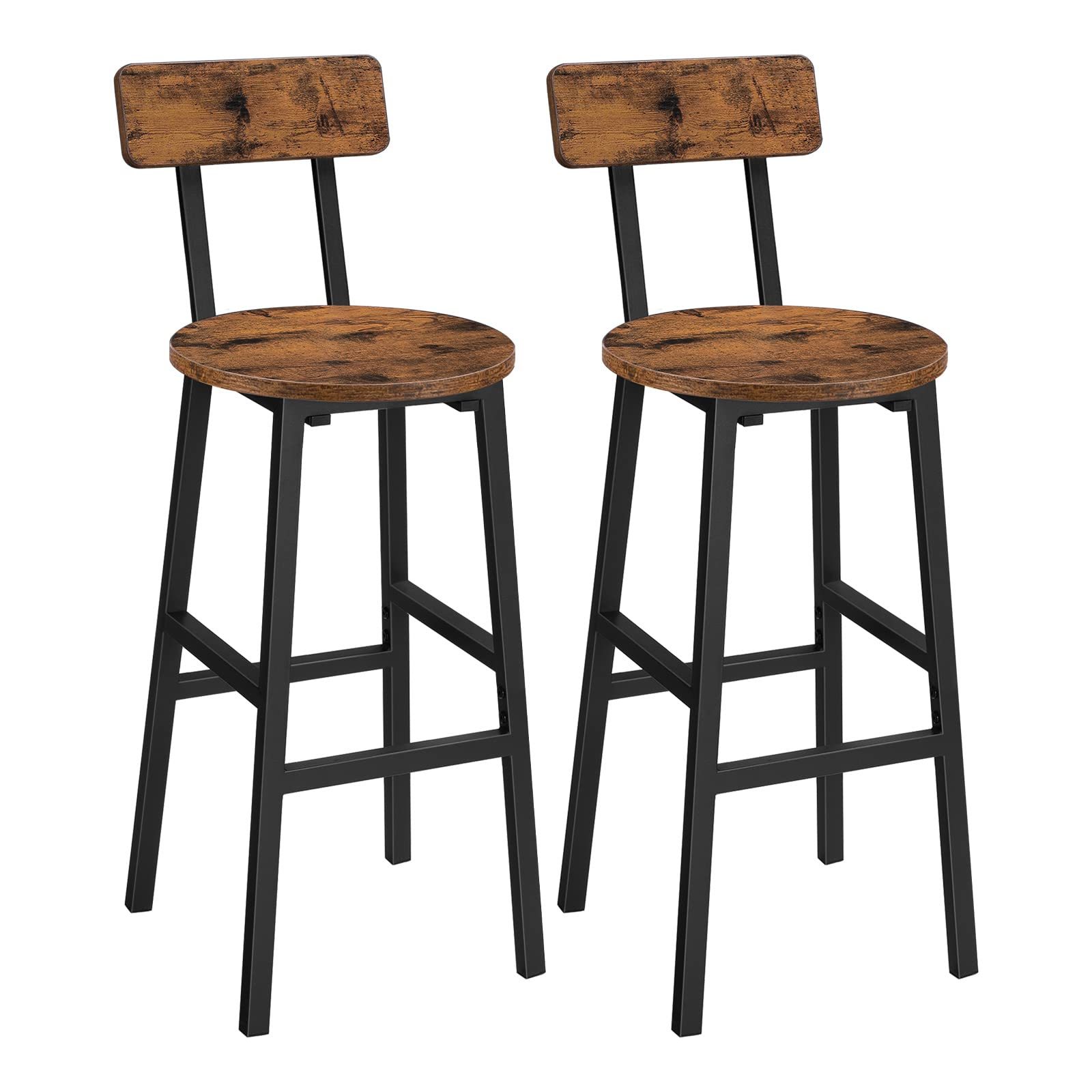 Set of 2 Rustic Brown Bar Stools with Back & Footrest - 24.4 Inch Round Counter Height Stools for Kitchen, Dining Room, Bar - Perfect for Breakfast Nooks, Home Bars & Kitchen Islands