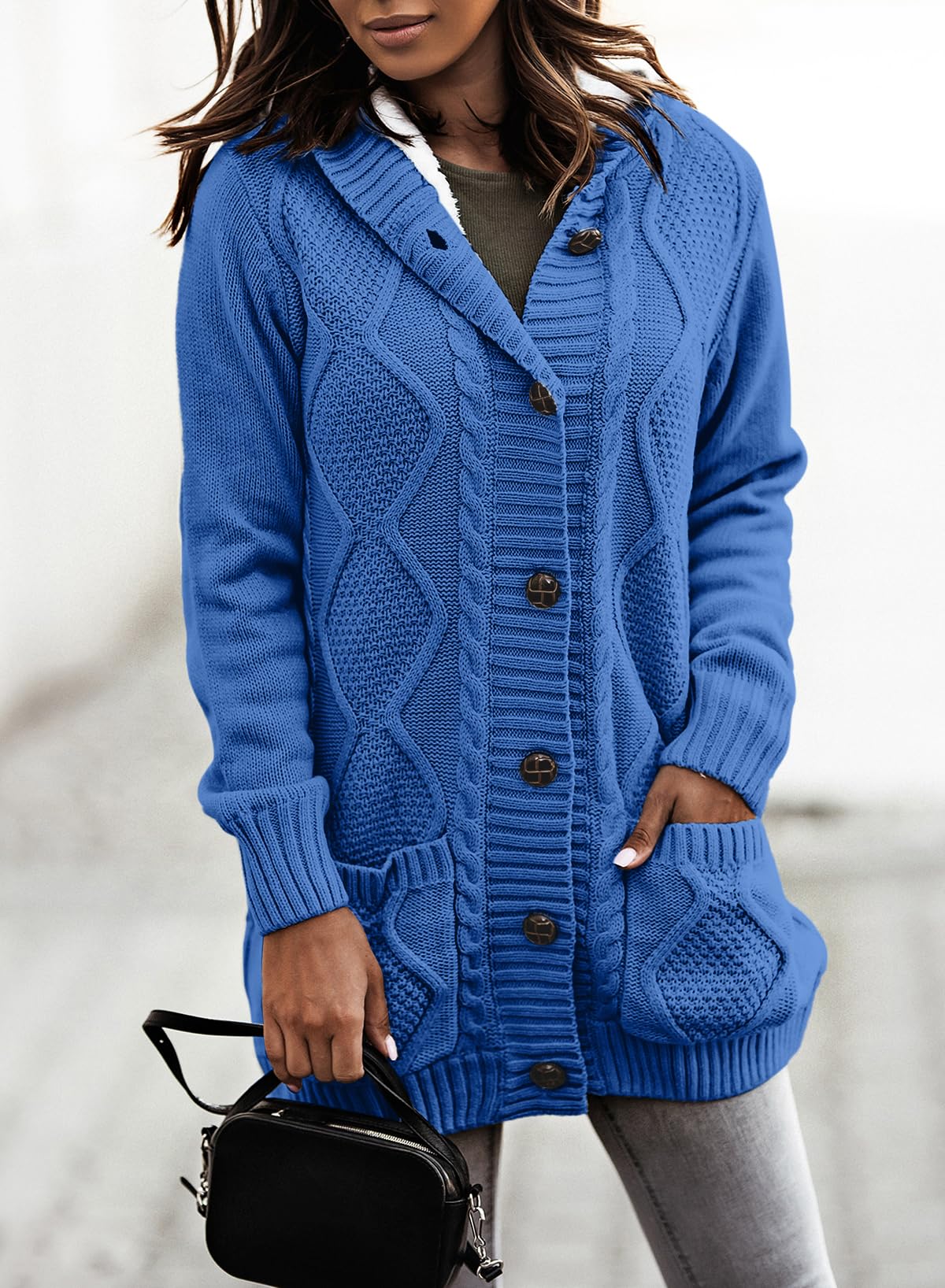Sidefeel Women's Fleece-Lined Hooded Cardigan Sweater - Winter Button Down Jacket with Pockets | Cozy Layering for Office, Travel & Casual Outfits