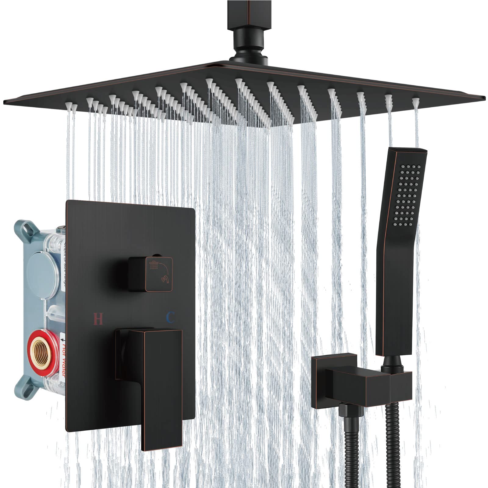 **Aolemi 12 Inch Ceiling Mount Rain Shower System with Handheld Spray - High Pressure Shower Faucet Set, Oil Rubbed Bronze Finish - Includes Rough-in Valve & Trim Kit - Perfect for Modern Bathroom & Spa Experience**