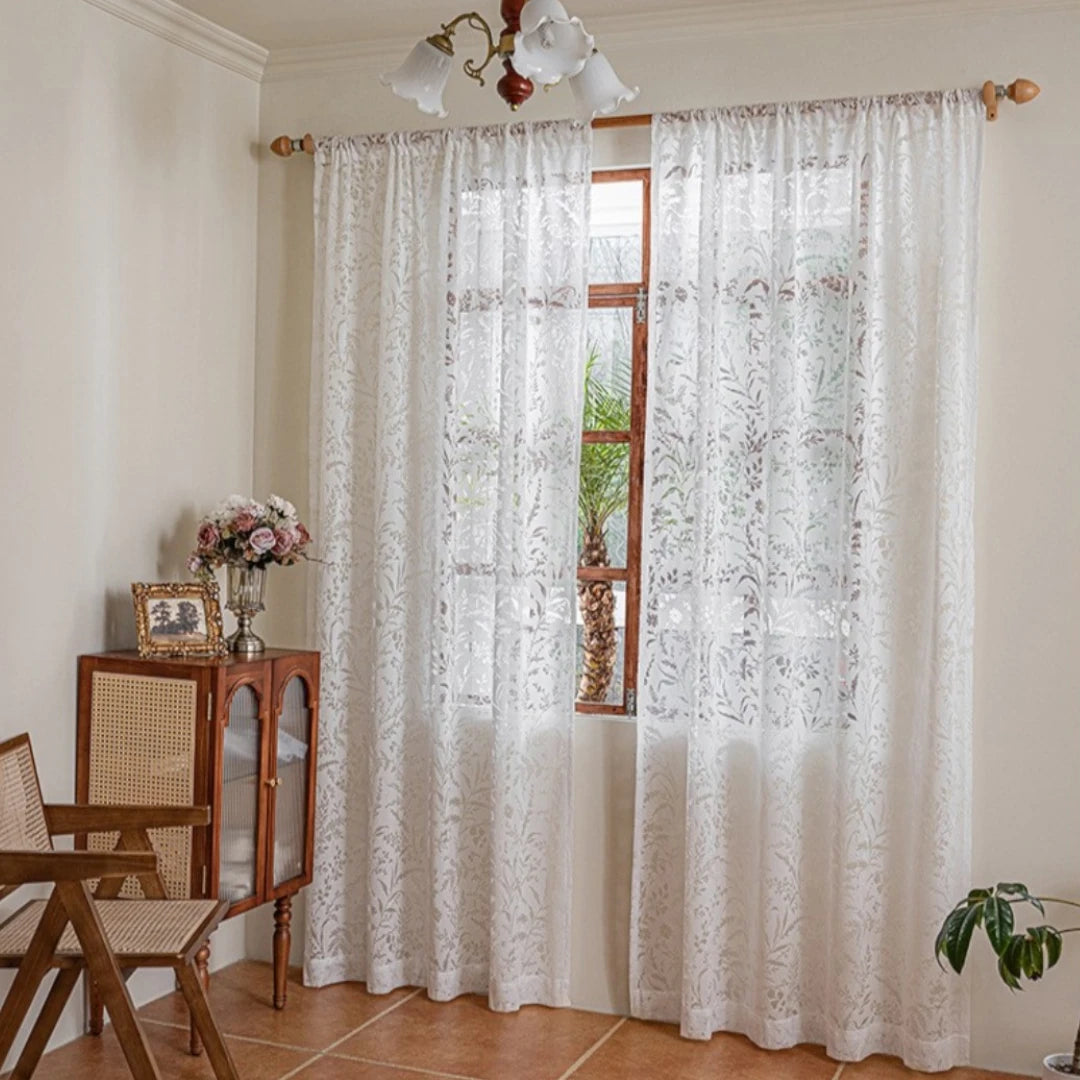 Miriam Delicate Botanical Semi-Sheer Custom Curtains for Living Room & Bedroom - Floral Sheer Window Drapes with Nature-Inspired Design for Home Decor