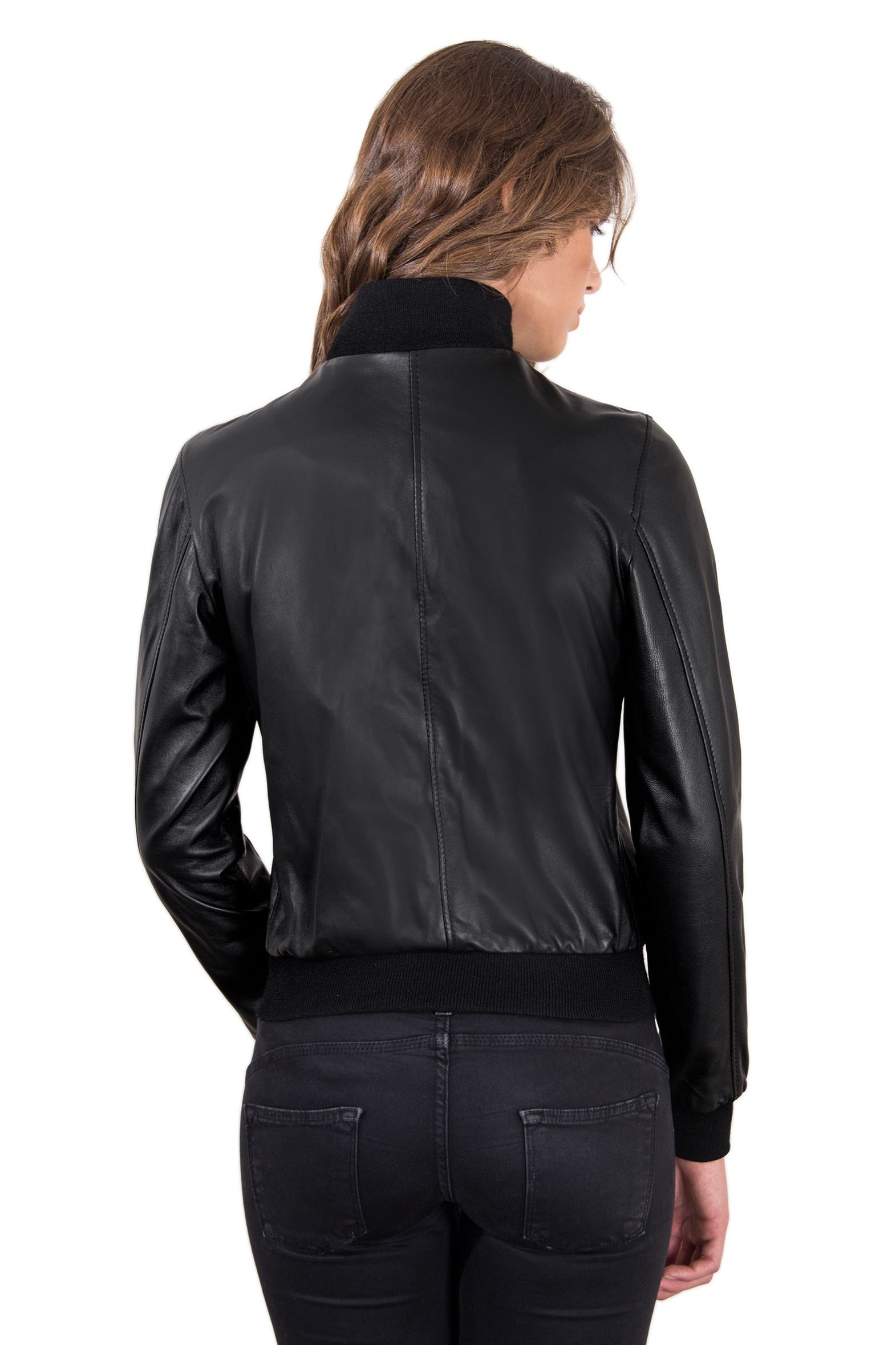 D'Arienzo Black Leather Bomber Jacket for Women | Made in Italy | Spring Motorcycle Jacket | Genuine Leather | Size XXS | Perfect for Casual Outings & Motorcycle Rides