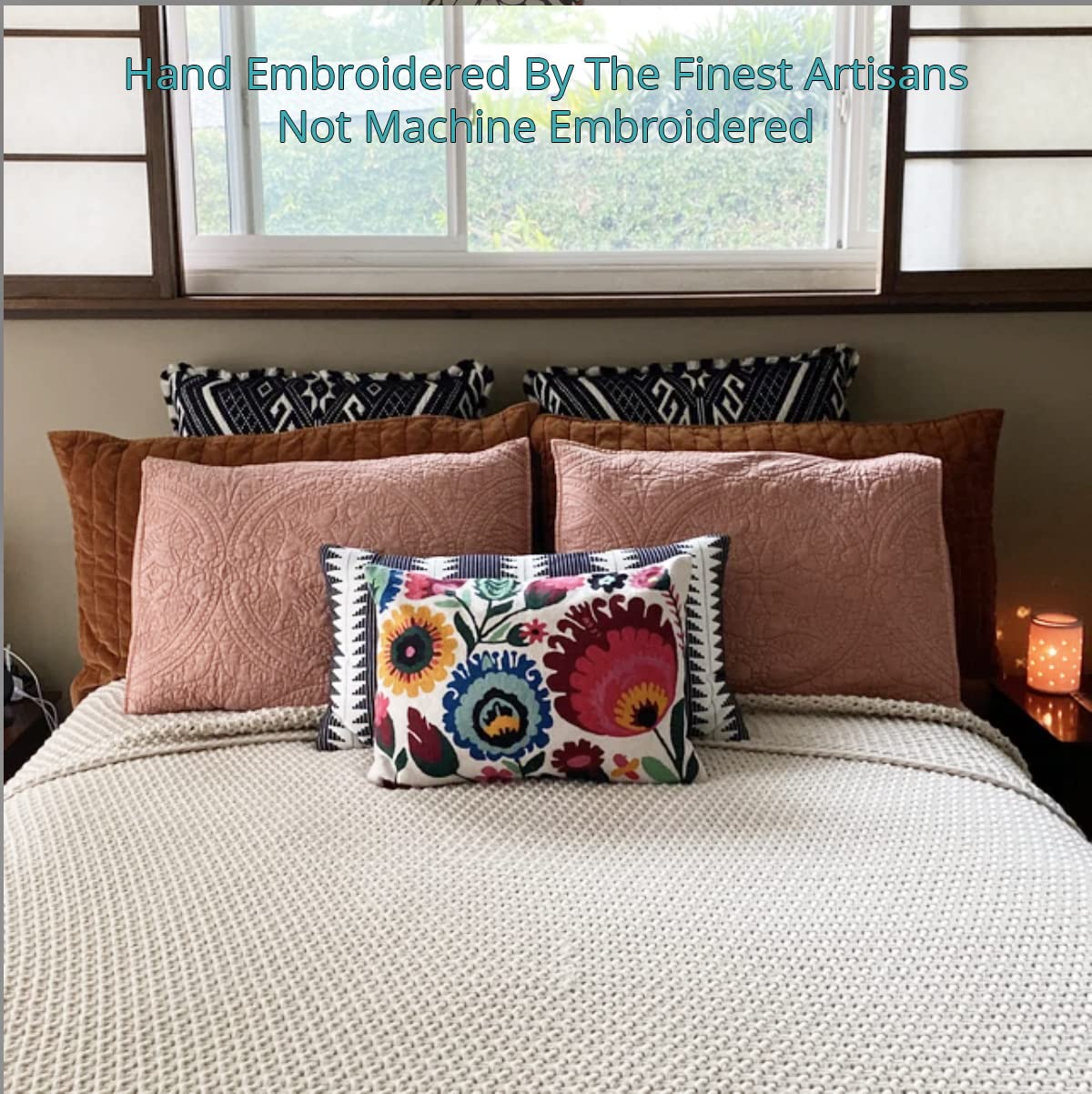 Hand Embroidered Wool Lumbar Pillow Cover 14x20 Inch - Floral Polish Flower Design for Accent Chairs, Modern Farmhouse Sofa & Couch Cushions | Perfect for Living Room Decor, Bedroom Throw Pillows & Cozy Home Styling