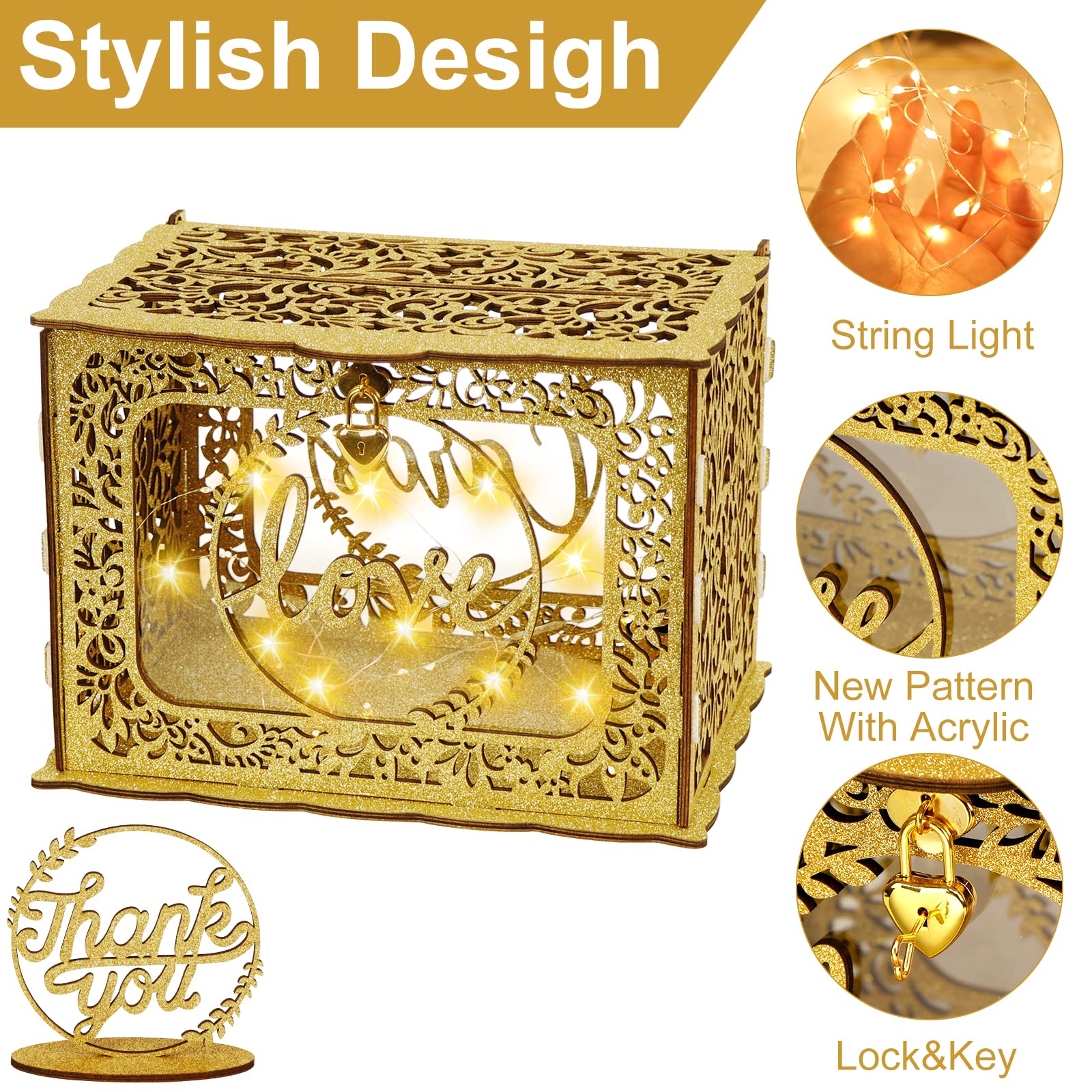 OurWarm Glitter Wooden Wedding Card Box with Heart Lock & String Lights - Elegant Gift & Money Holder for Wedding, Birthday, Anniversary, Graduation - Perfect for Reception Decor & Romantic Celebrations