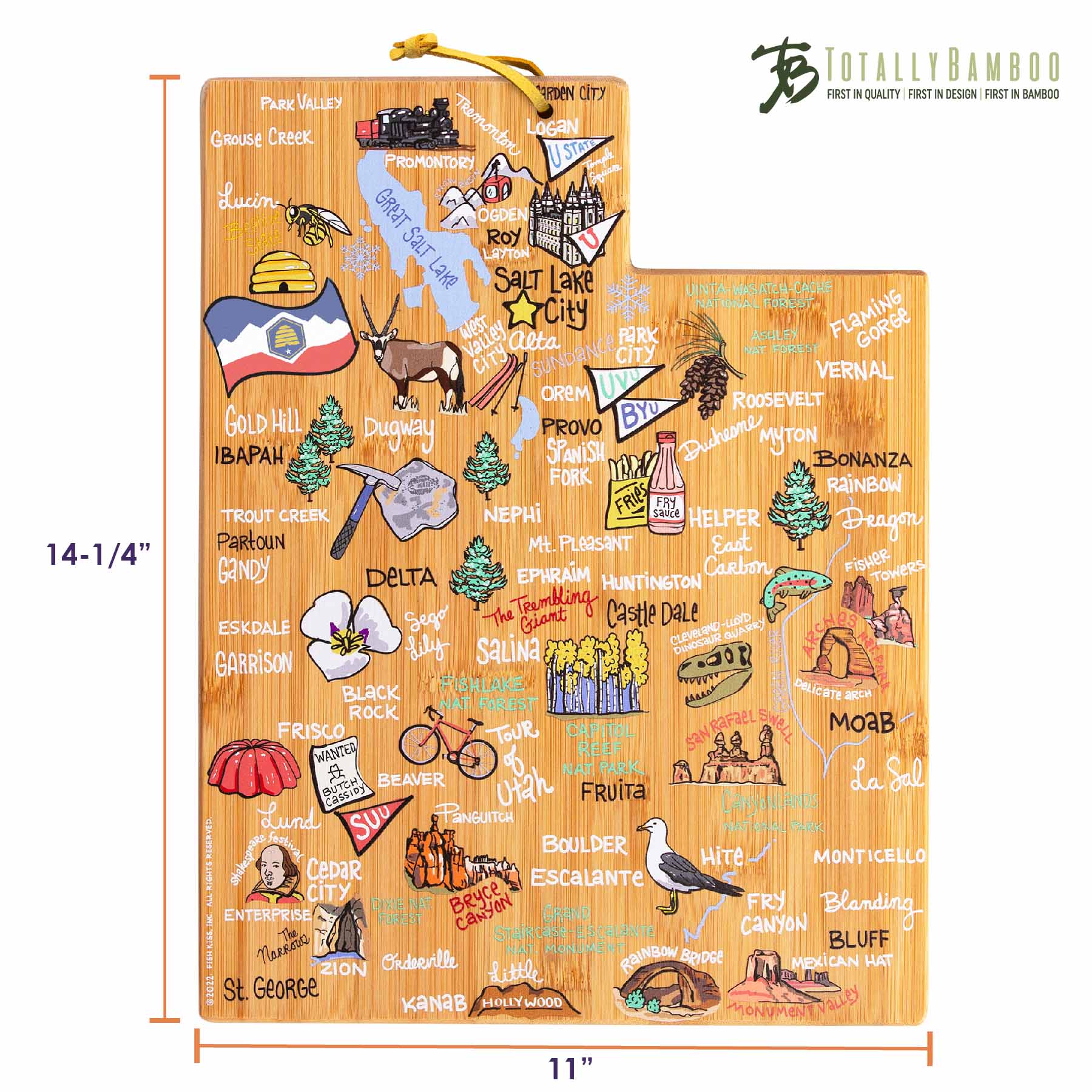 Premium Utah-Themed Wooden Cutting Board with Fish Kiss™ Artwork - Durable Kitchen Essential for Chopping, Serving & Home Decor