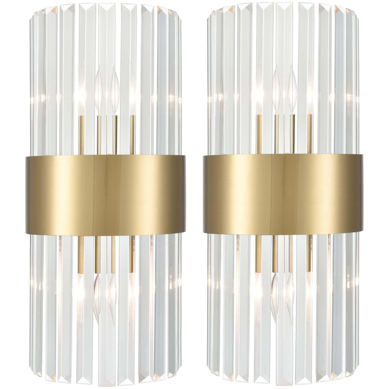 Gold Crystal Wall Sconces Set of 2 - Modern 2-Light Brass & Glass Wall Lights for Bathroom, Hallway, Bedroom - Elegant Lighting Fixture for Home Decor, Living Room, Dining Room