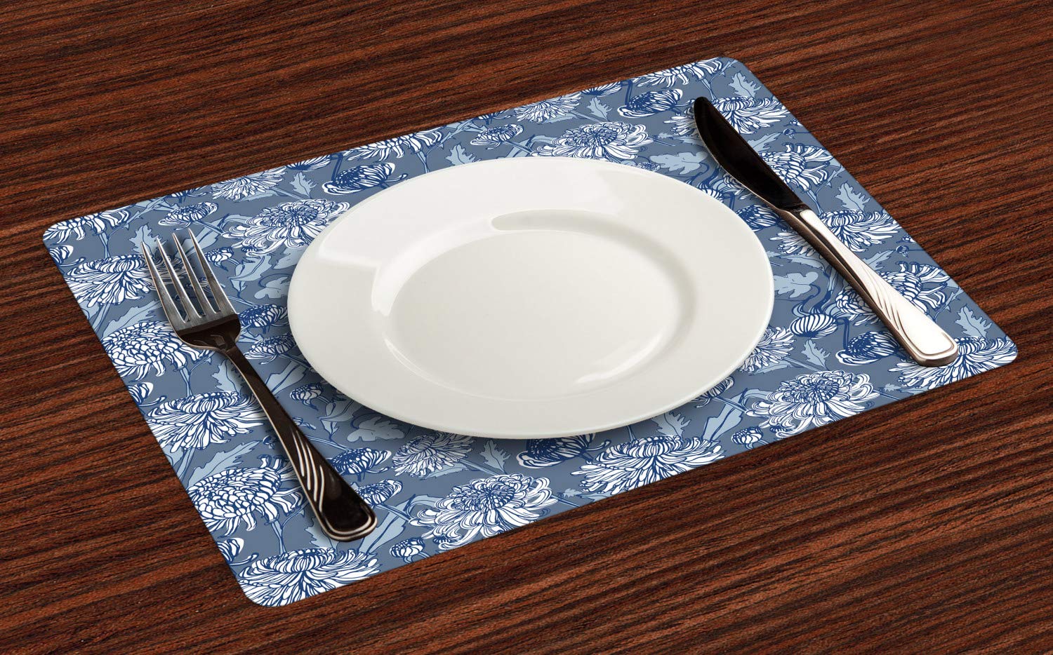 Ambesonne Floral Place Mats Set of 4 - Sketch Chrysanthemums with Buds and Leaves, Washable Fabric Table Mats for Dining Room, Standard Size 12x18 Inches, Blue Grey & Sky Blue - Perfect for Dinner Parties, Holiday Decor & Everyday Use