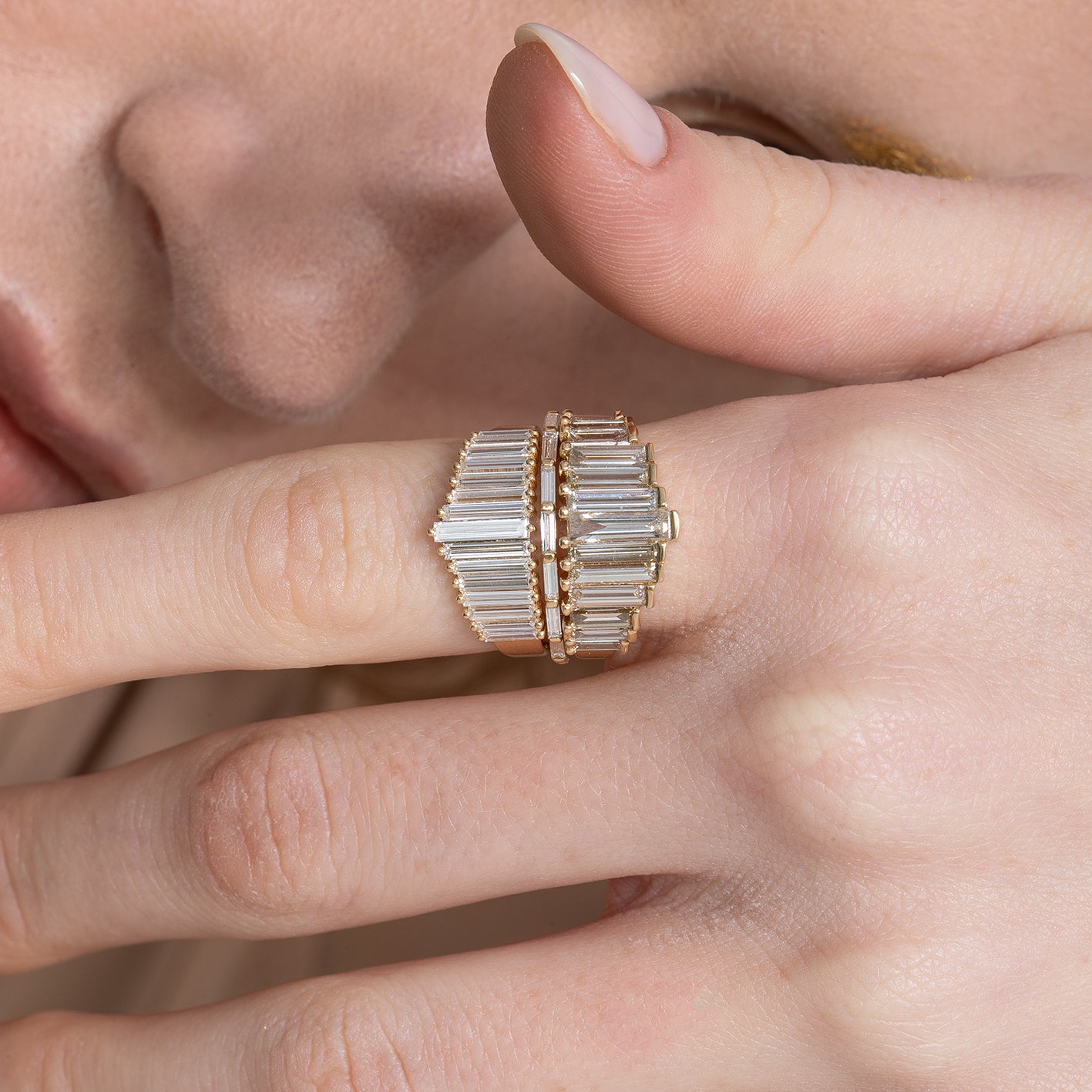 Exquisite Baguette Cut Diamond Tiara Ring with Premium Light Brown Diamonds - Unique Handcrafted Bridal Jewelry for Weddings, Engagements & Special Occasions