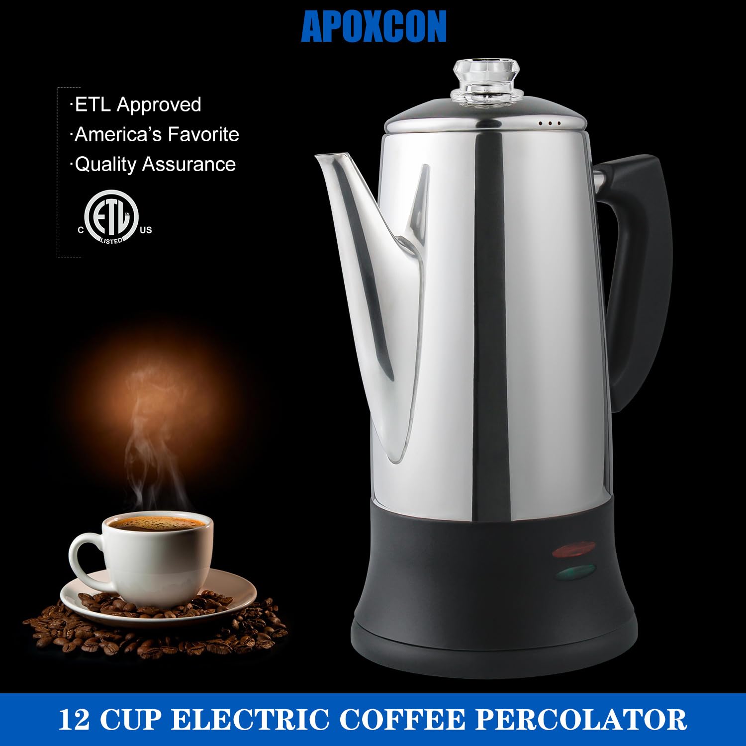 12 Cup Electric Coffee Percolator - Stainless Steel Coffee Maker with Heat-Resistant Glass Knob, Auto Keep Warm & Cordless Serving - ETL Certified for Safety - Perfect for Home, Office, Camping and Outdoor Use