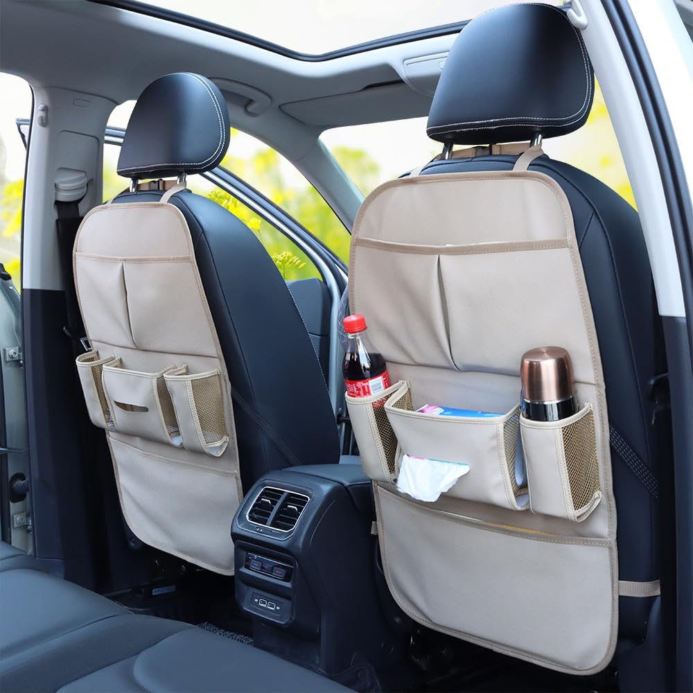 Car Backseat Organizer for Kids - 3 Pocket Storage Bag with 2 Drink Holders, Water Resistant Kick Mat & Toy Organizer - Back Seat Protector for Toddlers (Beige 1-Pack) | Perfect for Road Trips, Family Travel & Keeping Kids' Toys Organized