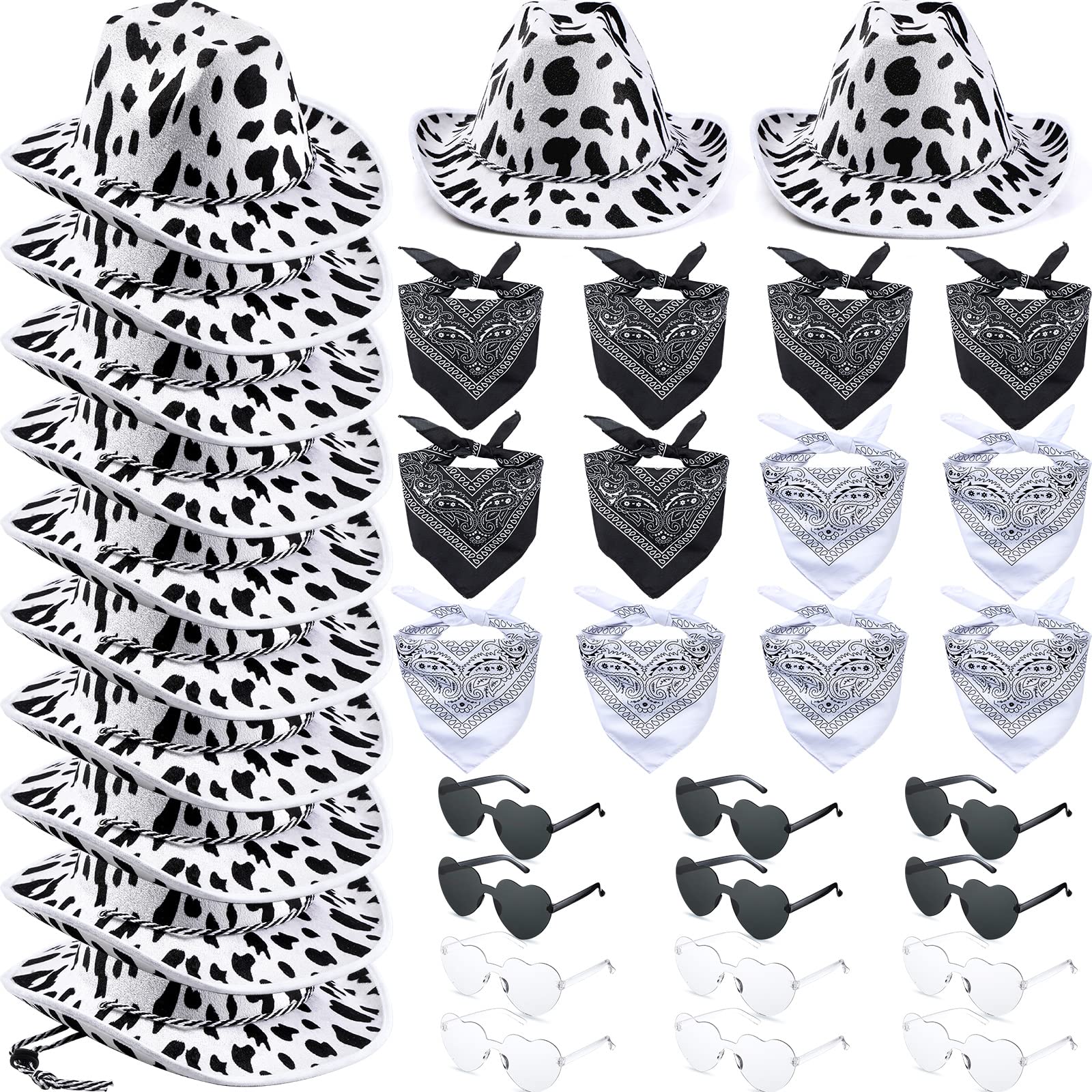 36-Piece Unisex Felt Cowboy Hat Set with Bandana & Heart Sunglasses - Western Party Costume for Men & Women - Perfect for Halloween, Rodeo, Themed Parties & Country Music Events