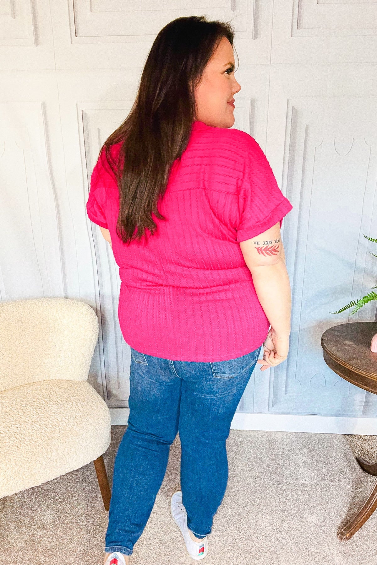 Fuchsia Cable Knit Dolman Short Sleeve Sweater Top for Women - Soft Comfortable Pullover with Haptic Texture - Perfect for Casual Outings, Office Wear & Fall Layering