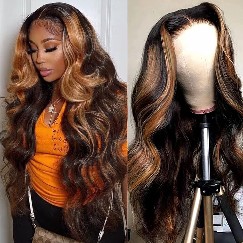 13x6 HD Lace Front Wig Human Hair 1B/30 250% Density Body Wave Blonde Ombre Highlight Glueless Wig for Women - 26 Inch Long, Natural Look for Daily Wear, Parties & Special Occasions