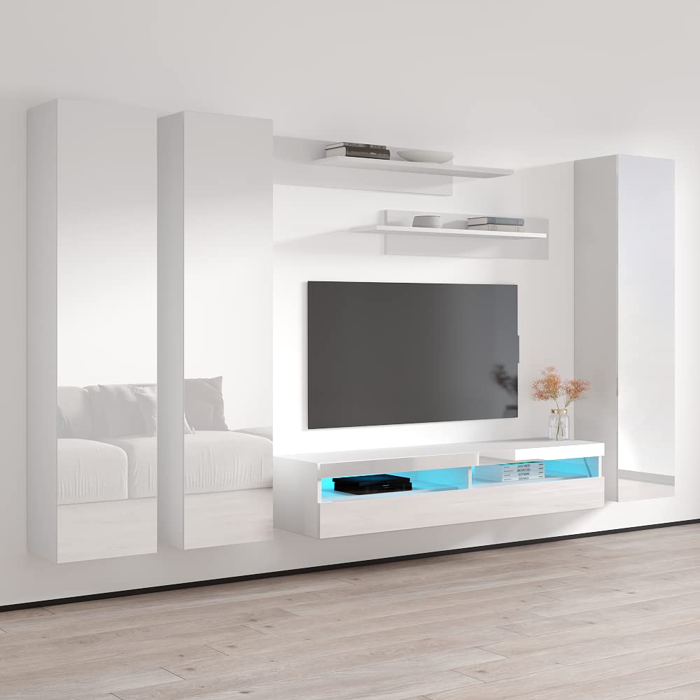 Modern White Wall-Mounted TV Stand with Storage Shelves & LED Lights - 35