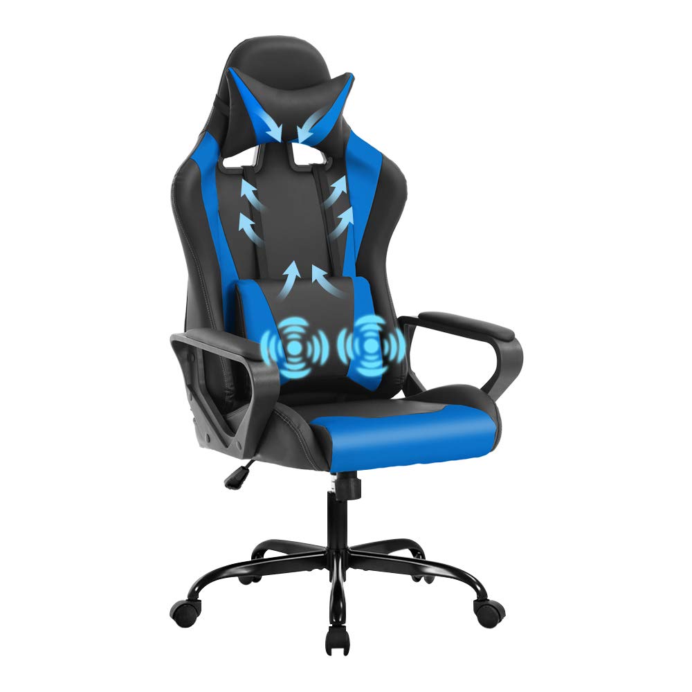 Ergonomic Racing Style Gaming Chair - High Back Office Computer Desk Chair with Adjustable Height, Headrest & Massage Lumbar Support - Blue Video Game Chair for Home Office, Gaming Setup and Workstation