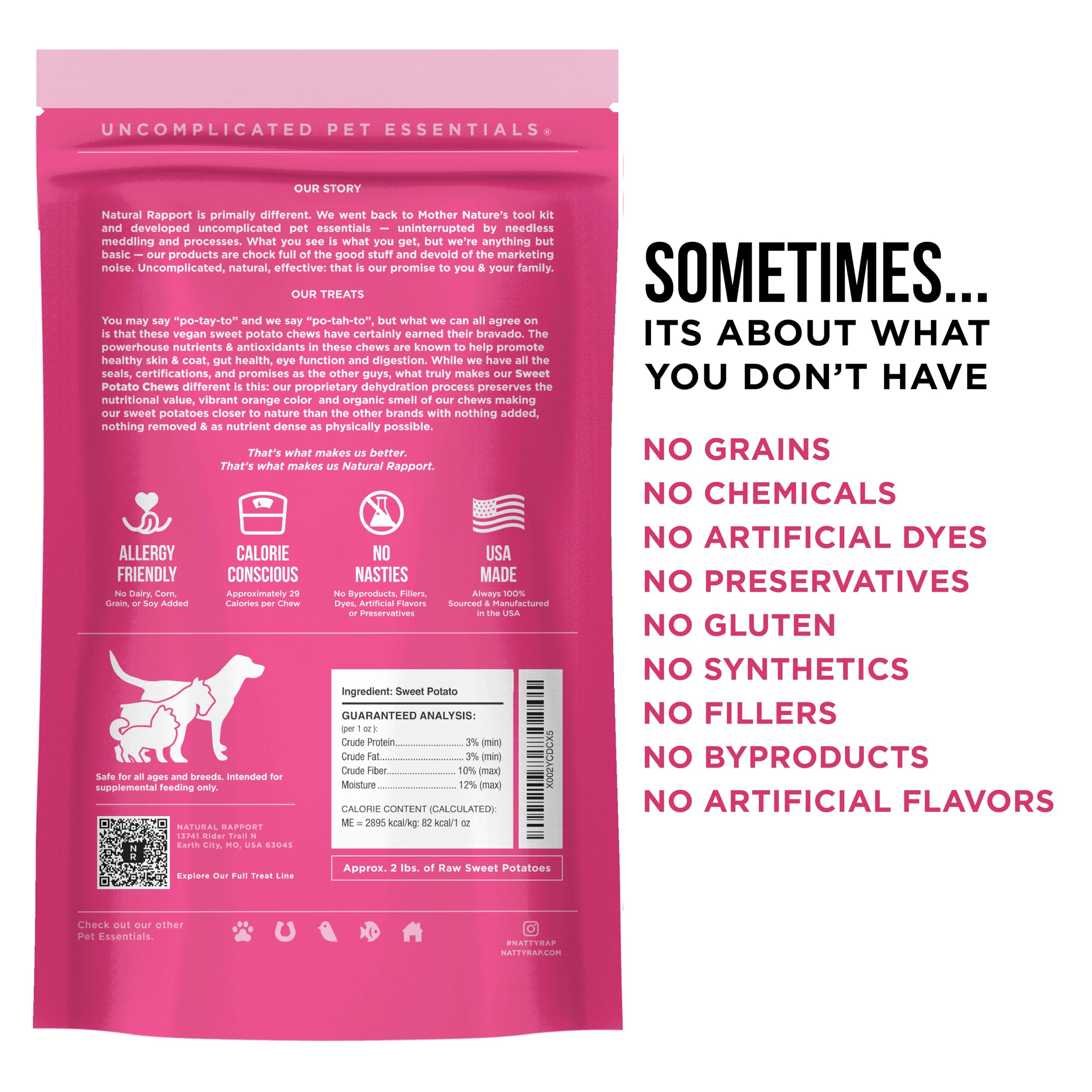 Natural Rapport Sweet Potato Chew Dog Treats - 100% Dehydrated, All-Natural, Grain-Free Dog Chews (8 oz) - Perfect for Training, Dental Health & Long-Lasting Chewing Satisfaction