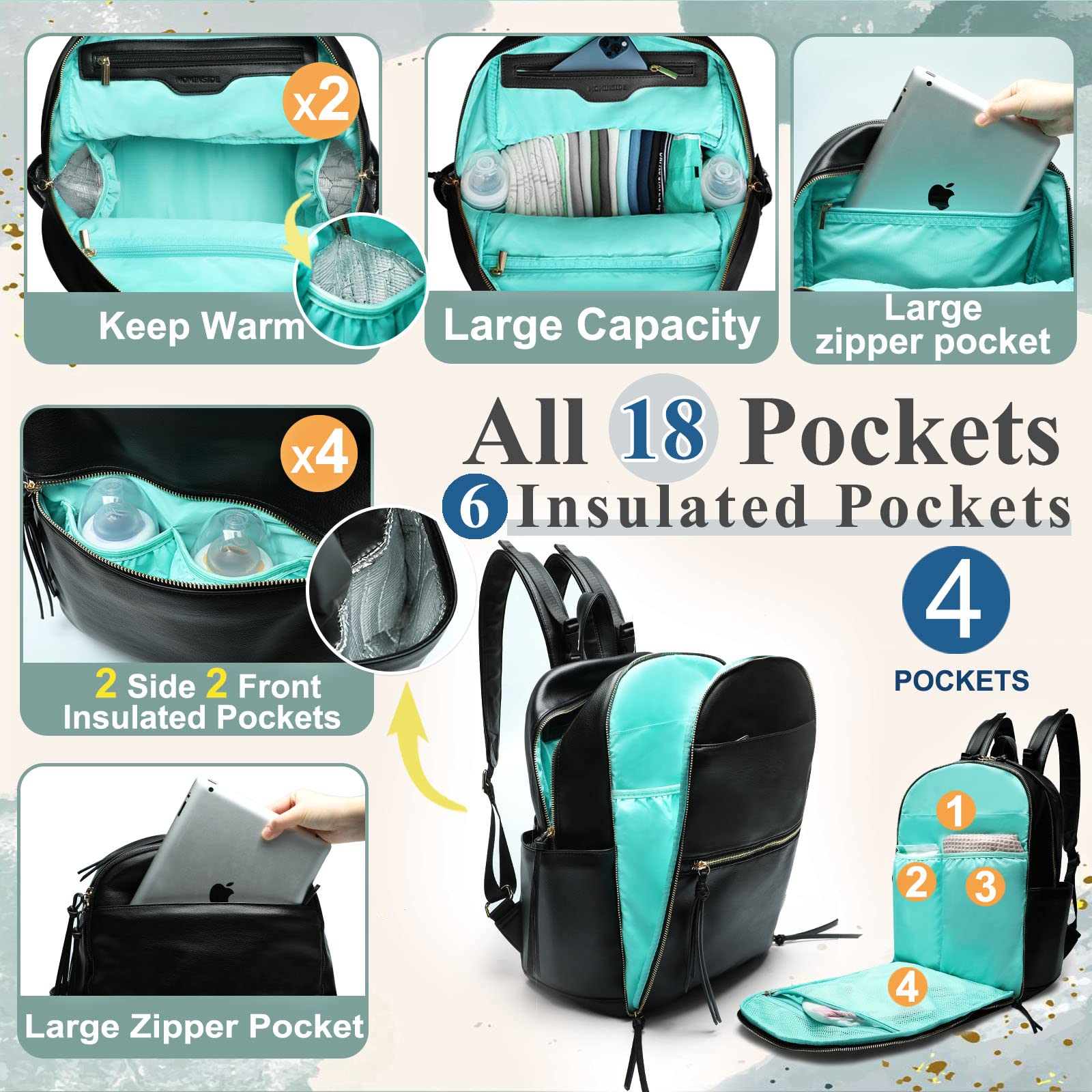 MOMINSIDE Premium Diaper Bag Backpack for Parents - Large Leather Baby Bag with 6 Insulated Pockets, Stroller Organizer & 2 Insulated Cup Holders - Perfect for Travel, Daycare & Family Outings