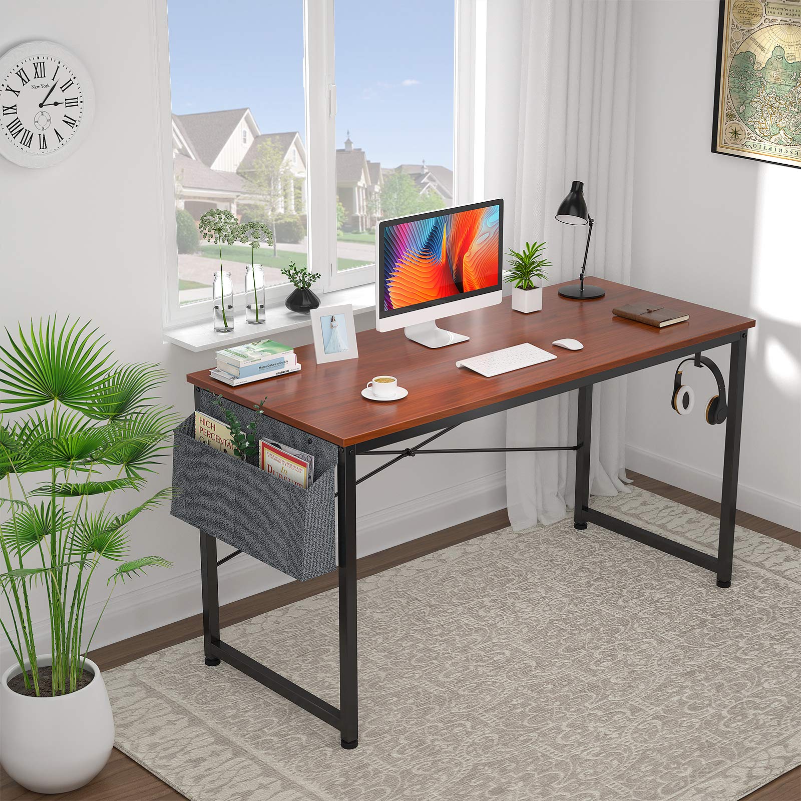 HomVent 47 Inch Modern Computer Desk - Home Office Writing Study Table with Storage Bag, Waterproof & Durable Teak Finish - Perfect for Small Spaces, Remote Work & Online Learning