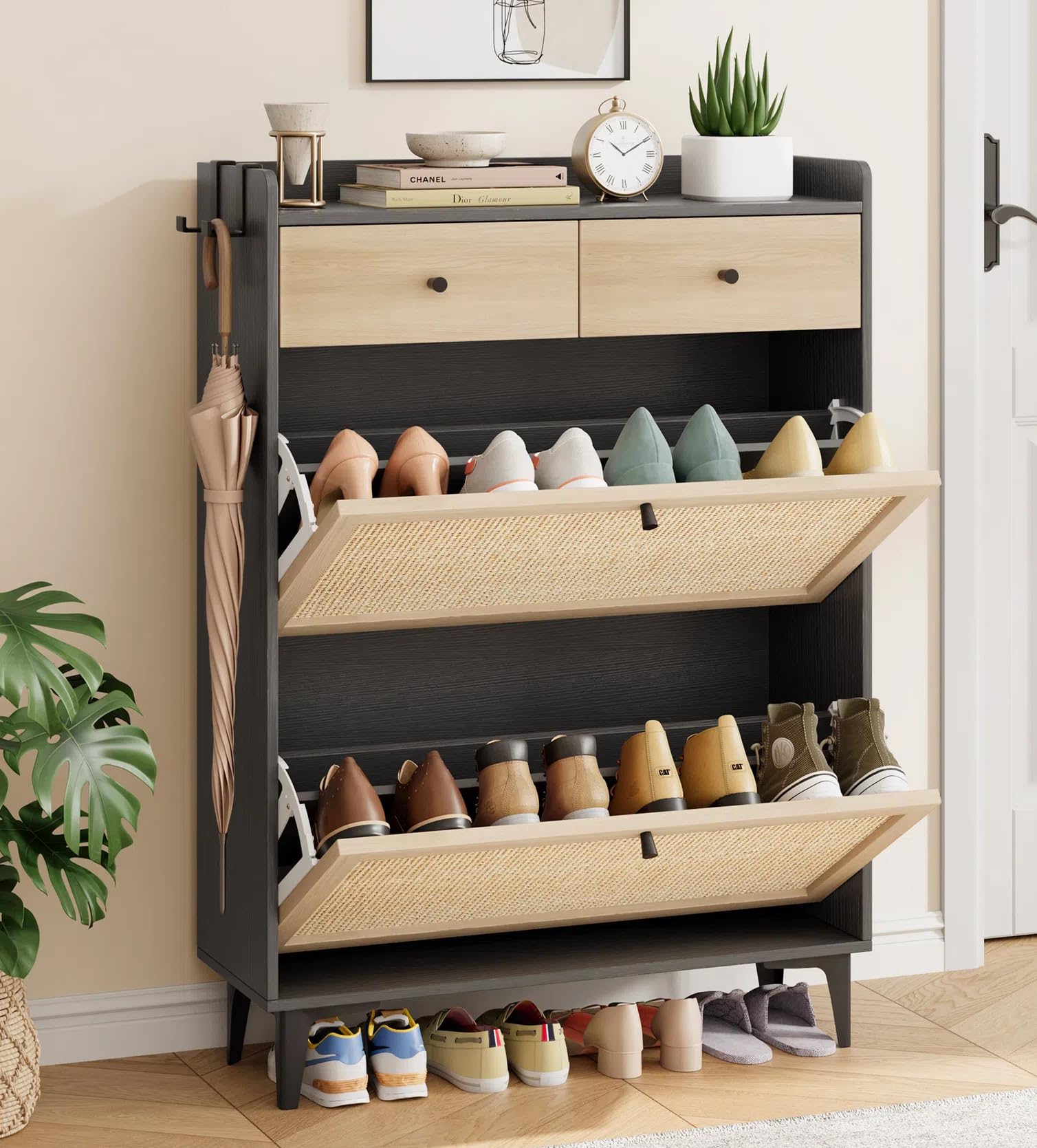Rattan Shoe Cabinet with 2 Flip Drawers & 2 Storage Drawers - Freestanding Narrow Wooden Shoe Organizer with Metal Legs for Entryway, Hallway, Living Room - Light Black Finish - Perfect for Small Spaces & Home Organization
