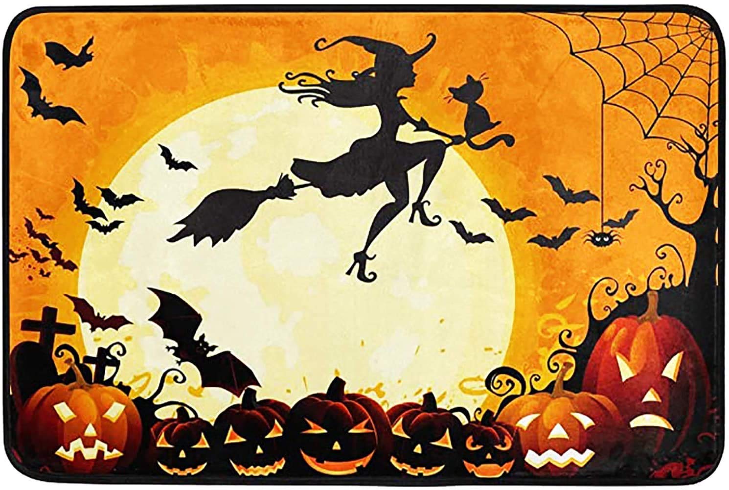 Halloween Witch Pumpkin Doormat - Spooky Bat Spider Moon Design Indoor/Outdoor Welcome Mat - Non-Slip Entryway Floor Mat for Kitchen, Bathroom, Front Door Decor (23.6