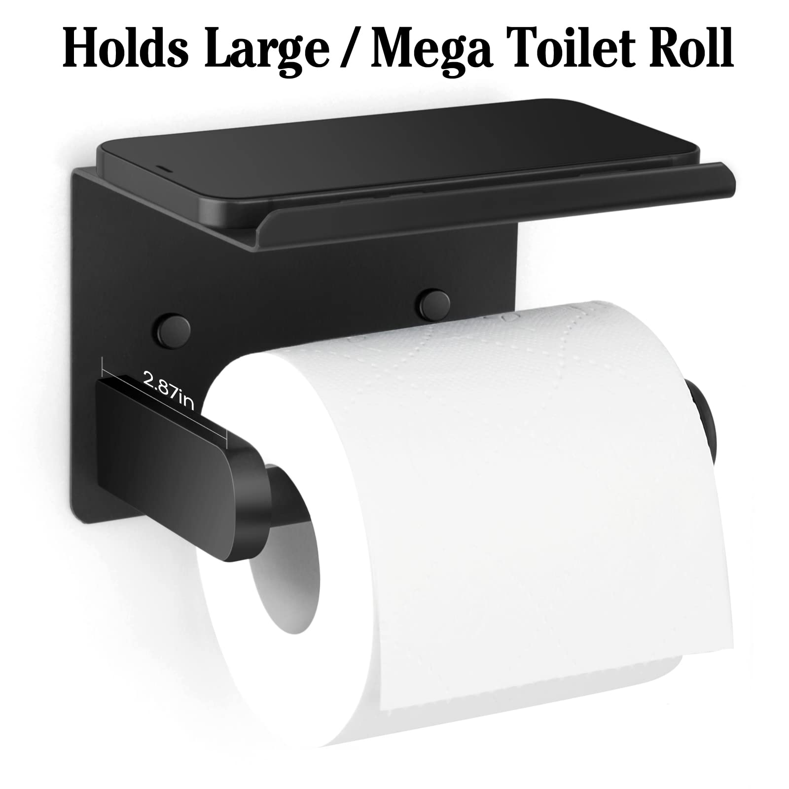 Matte Black Wall Mount Toilet Paper Holder with Shelf - Screw or Self-Adhesive Bathroom Tissue Roll Holder for Home, Washroom & Restroom | Space-Saving Bathroom Organizer for Small Spaces