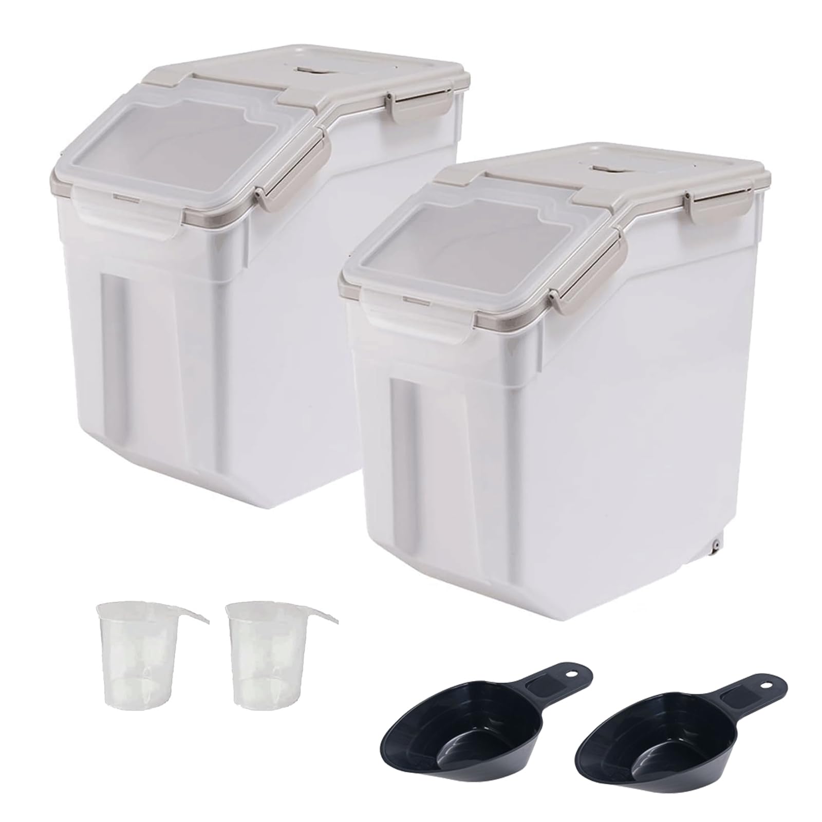 2 Pack 50 lb BPA-Free Food Storage Containers with Wheels & Measuring Cup - Airtight Rice, Flour, Sugar, Cereal, Pet Food Bin Set (Gray) - Ideal for Kitchen Pantry, Bulk Food Storage & Pet Feeding Organization