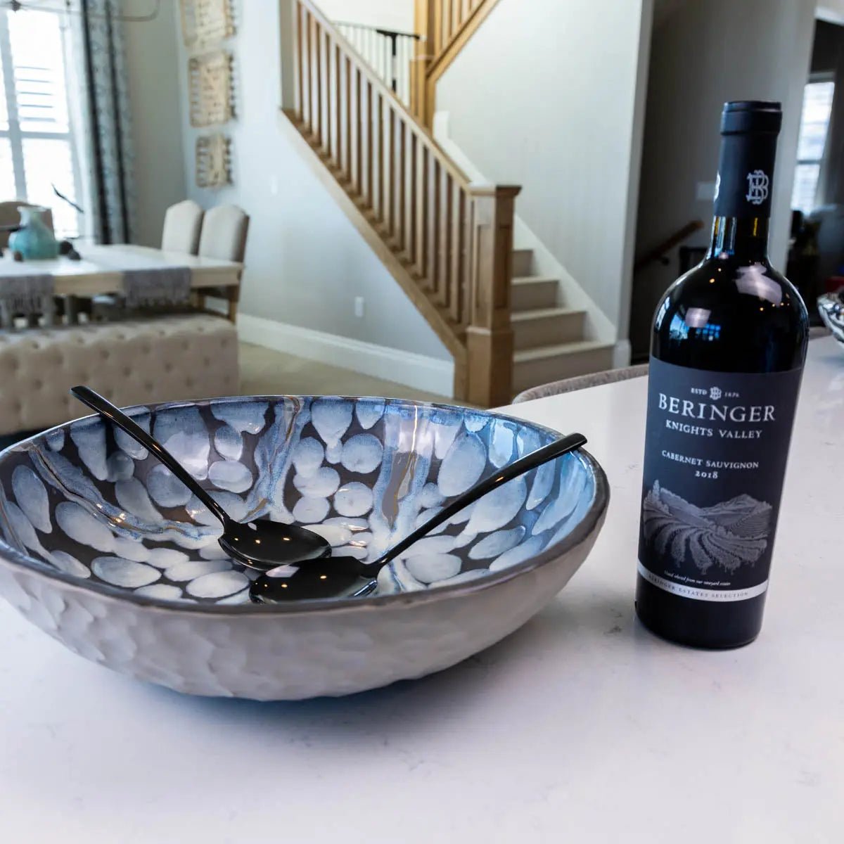 XXL Gray Stoneware Serving Bowl with Real Gold Accents - Decorative Stone & Lines Effect (Alchemy Collection) - Perfect for Dinner Parties, Centerpieces & Home Decor