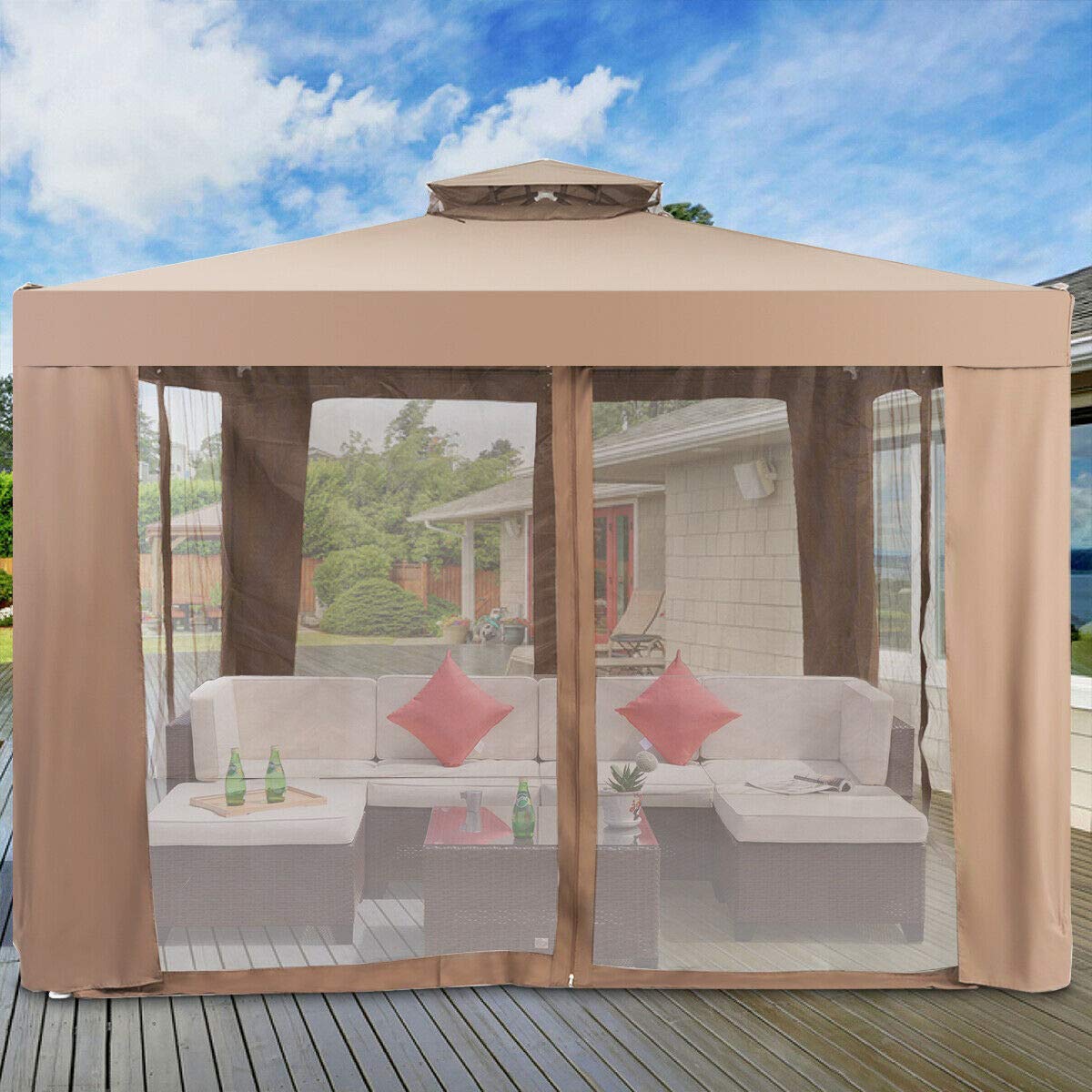 Tangkula 10x10 Ft Outdoor Gazebo with Netting - Brown Patio Canopy Tent for Garden, Lawn, and Backyard - Perfect for Outdoor Parties, BBQ Gatherings & Relaxing in Your Yard