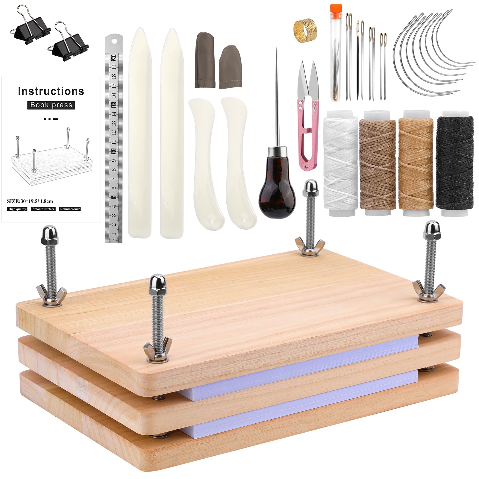 JUPEAN 34-Piece Book Binding Kit with 11.81”x7.56” Book Press - Includes Bone Folder, Needles, Waxed Threads & Awl - Complete Bookbinding Tools Set for Beginners - Perfect for DIY Journals, Scrapbooks & Handmade Gifts