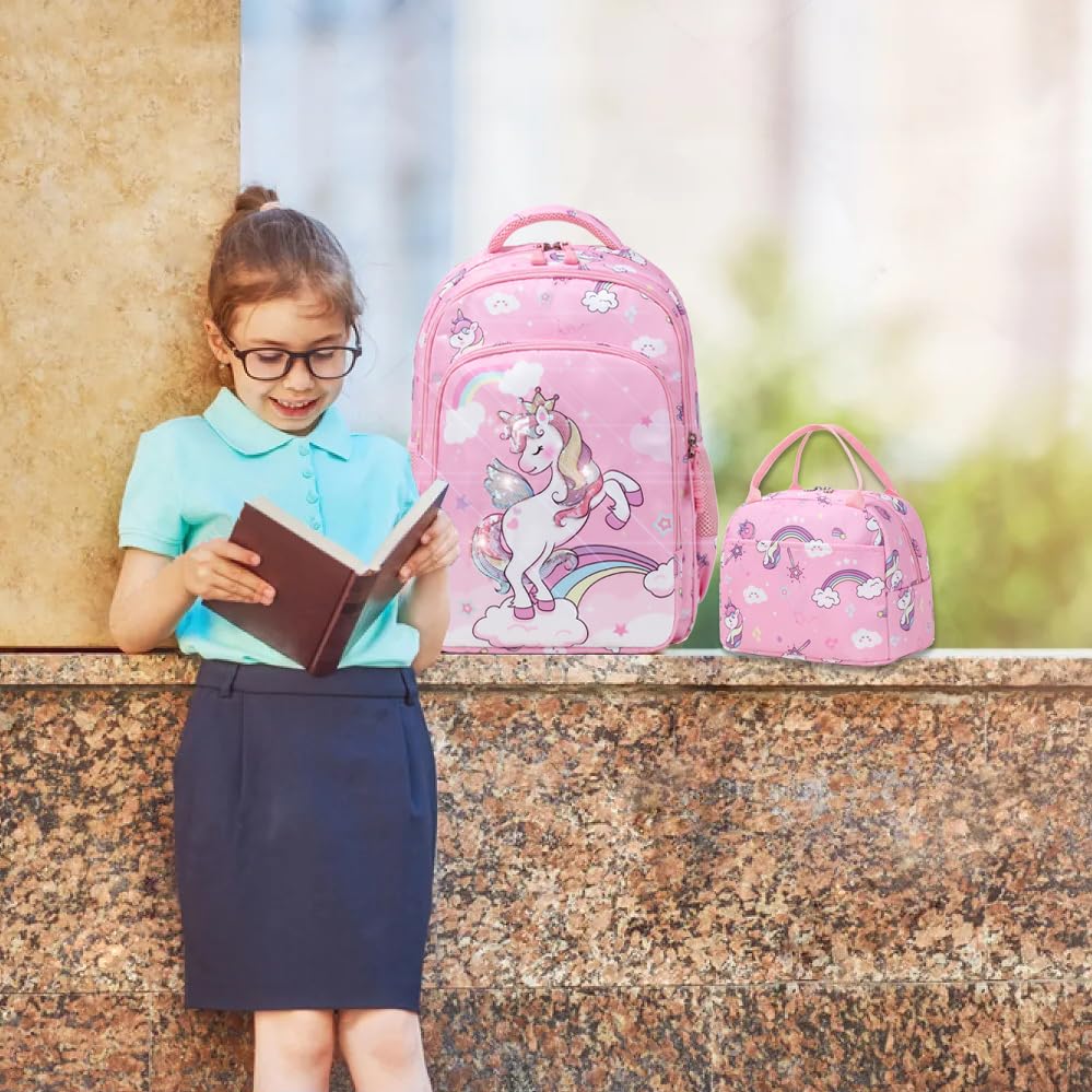 Cute Unicorn Backpack for Girls - Water Resistant Elementary School Bookbag Set with Pencil Case - Perfect for School, Travel & Daily Use